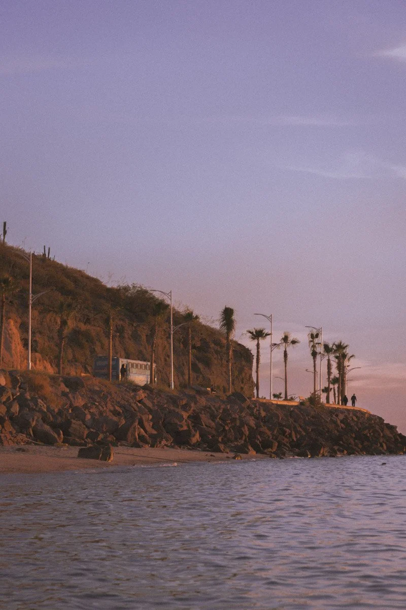 Sunset view of a rocky shoreline with palm trees, a sidewalk with street lamps, and a few people walking along it, overlooking the water. La Paz Mexico. Travel Film photography by Sergio Gutiérrez sergiogutierrezphoto.