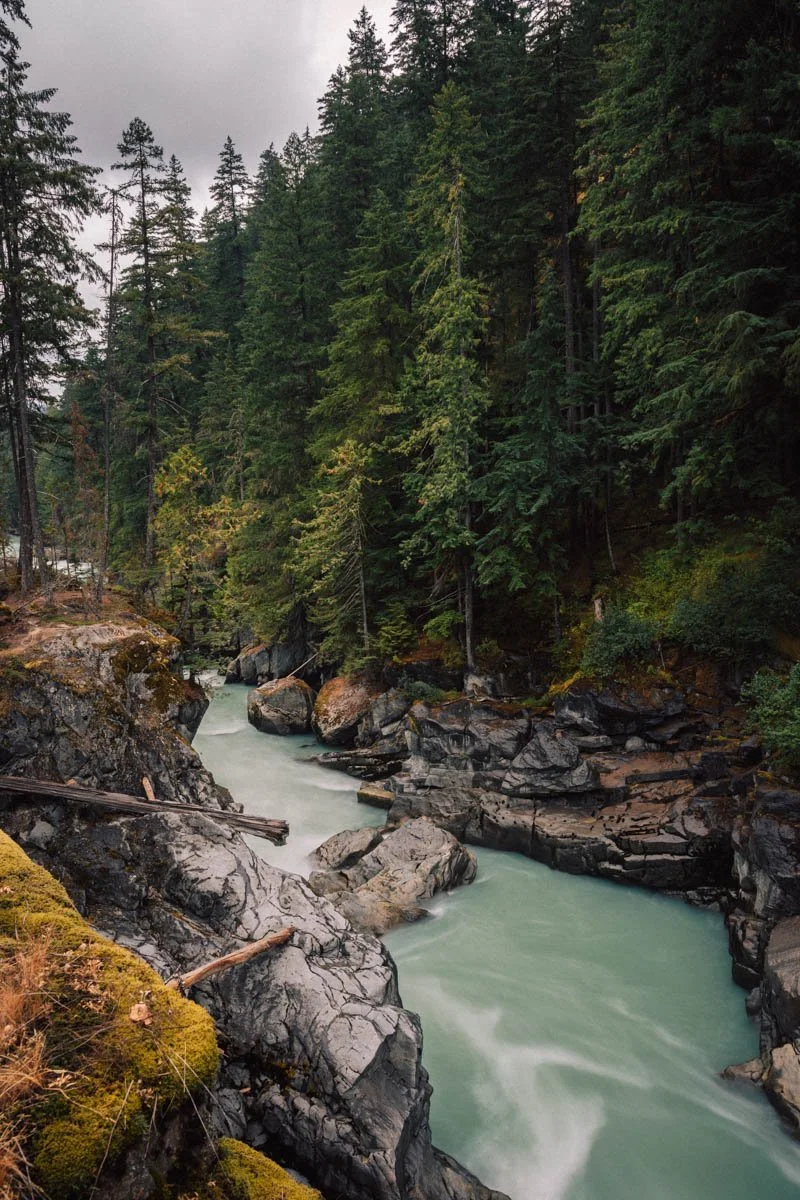 A mountain stream flowing through a forested canyon with tall evergreen trees and large rocks along the water. Nairn Falls British Columbia Canada. Travel Photography by Sergio Gutiérrez sergiogutierrezphoto.