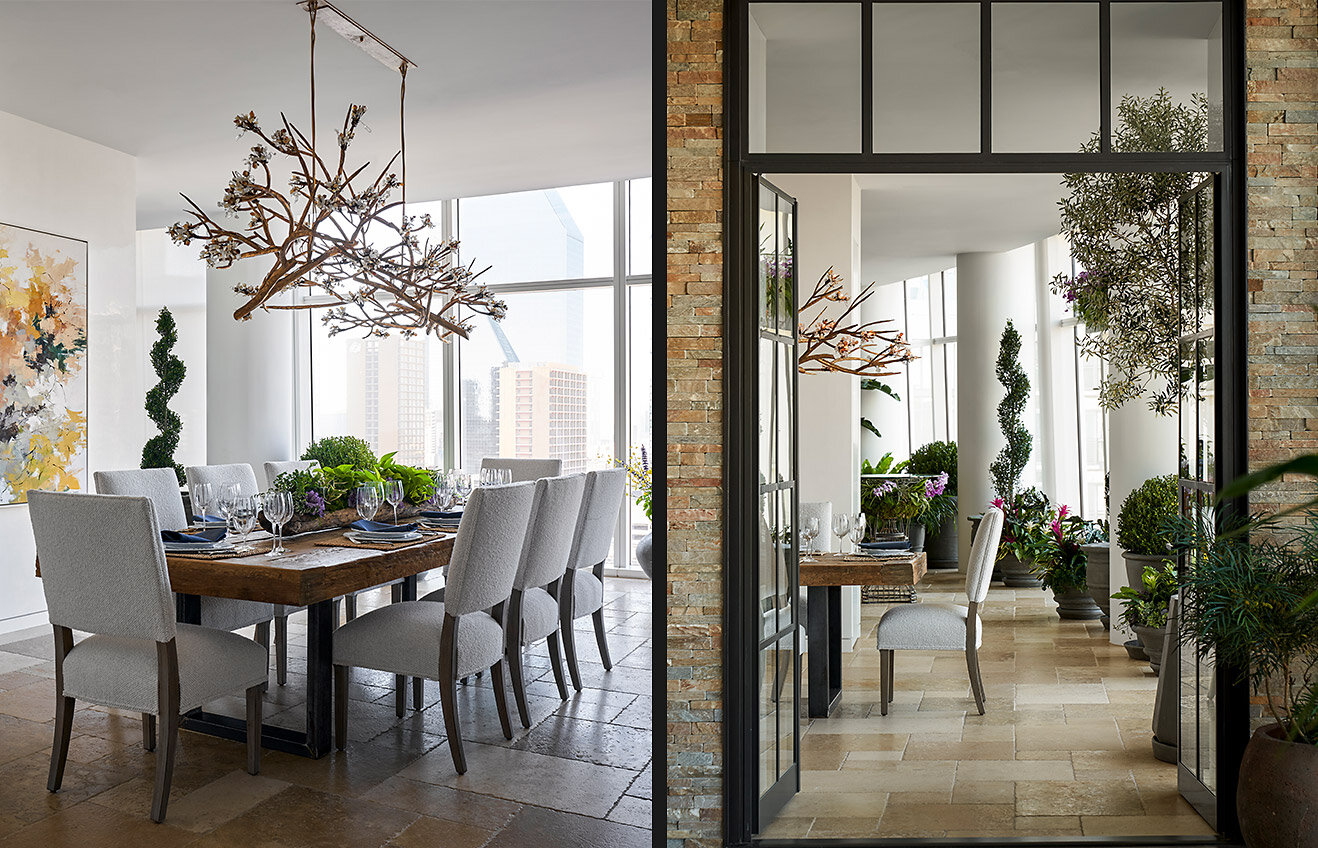  Modern comfortable contemporary in Museum Tower high-rise in downtown Dallas, Texas bringing the outdoors in with materials and visual connectivity 