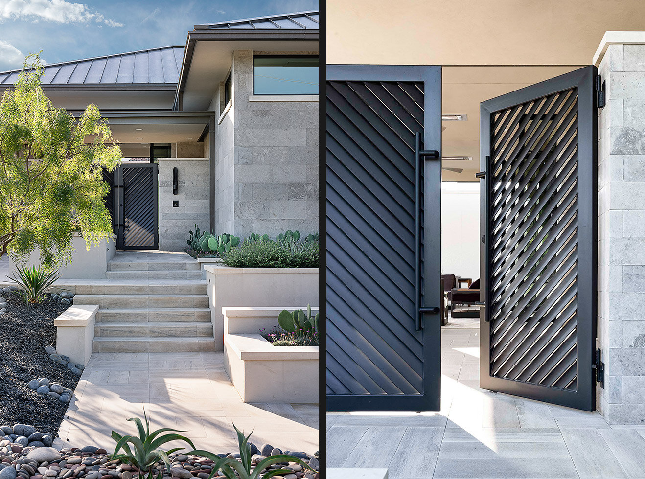  Modern comfortable contemporary home in Fort Worth Texas featuring steel doors to gated front courtyard 