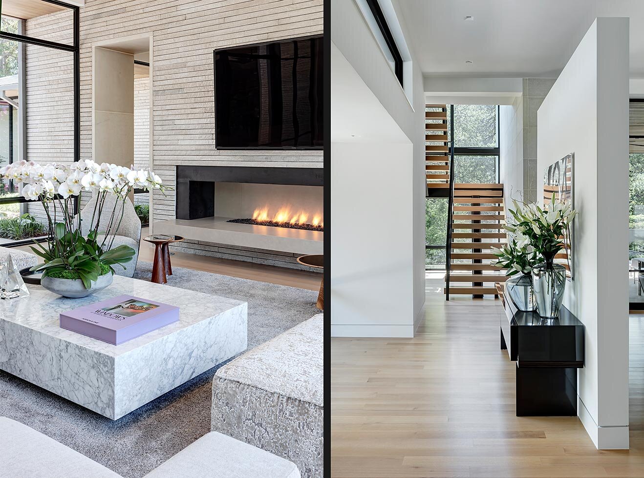  Modern comfortable contemporary home in Preston Hollow Dallas Texas featuring fireplace and stairwell at corner of home creating a sculptural element of steel, wood and glass 
