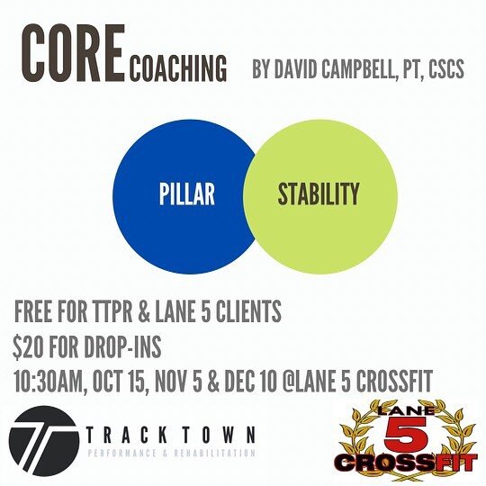 Learn how to do Core exercises effectively with TTPRs David Campbell (PT, CSCS)

Why? 
Using your Core efficiently can; 
- Reduce back pain
- Reduce injury 
- Promote performance 

When?
- Oct 15
- Nov 5
- Dec 10

Where? 
Lane5Crossfit, 855 Ferry St,