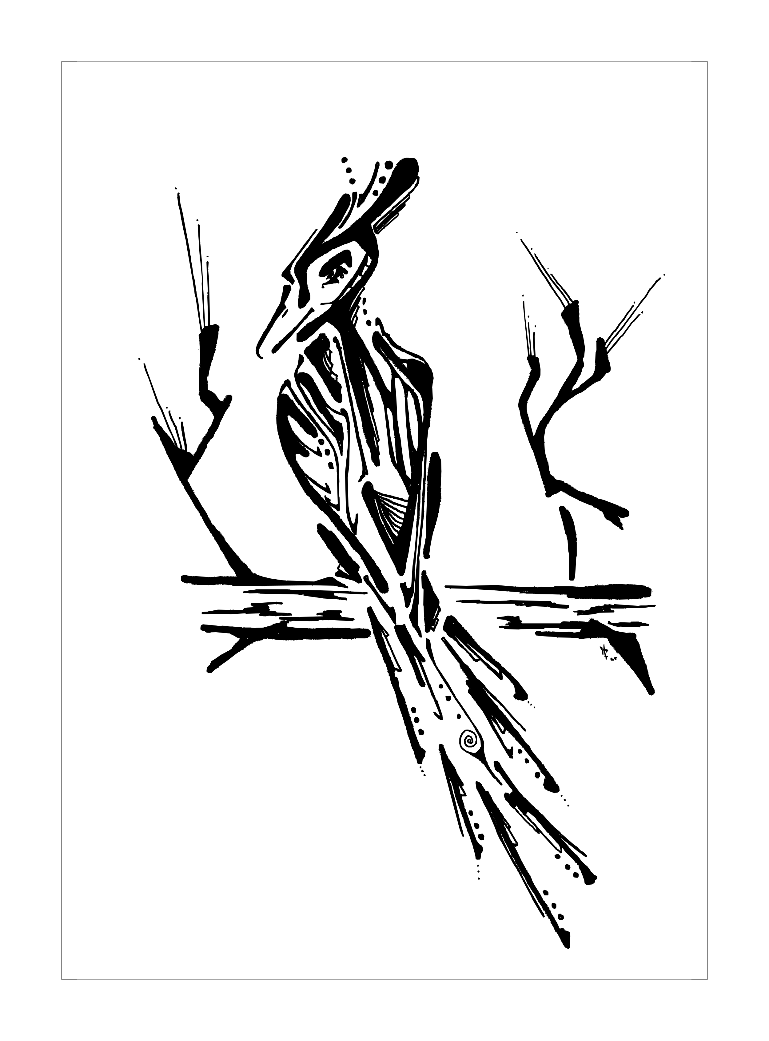 'Alighting' - Abstract bird type creature sitting on branch by Matthew D. Holtmeier.