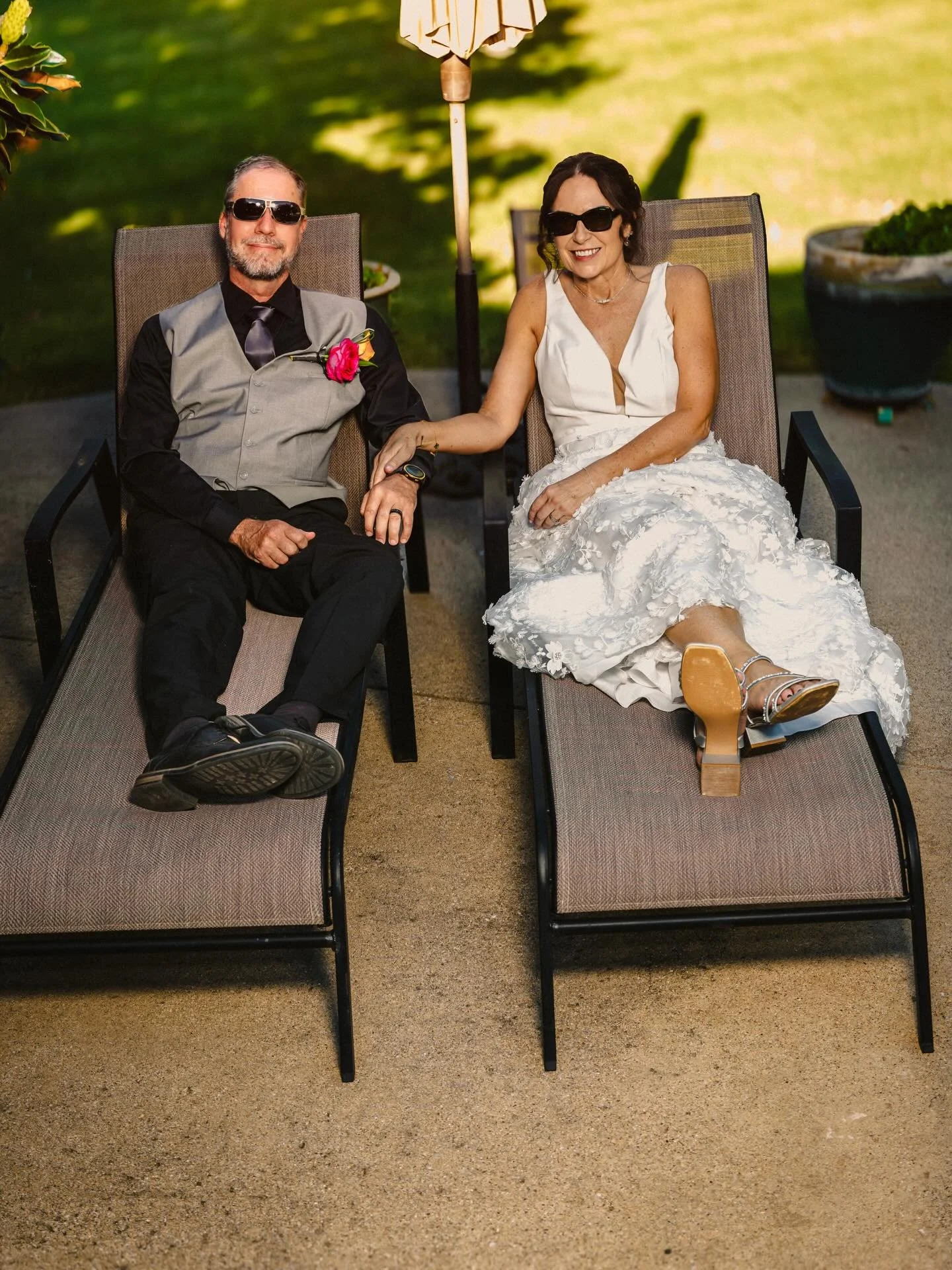 When you plan a fall wedding and Texas decided to have a heat wave&hellip;. Sit poolside with sunglasses ☀️
&bull;
&bull;
&bull;
#octoberwedding #funpic #husbandandwife #heatwave