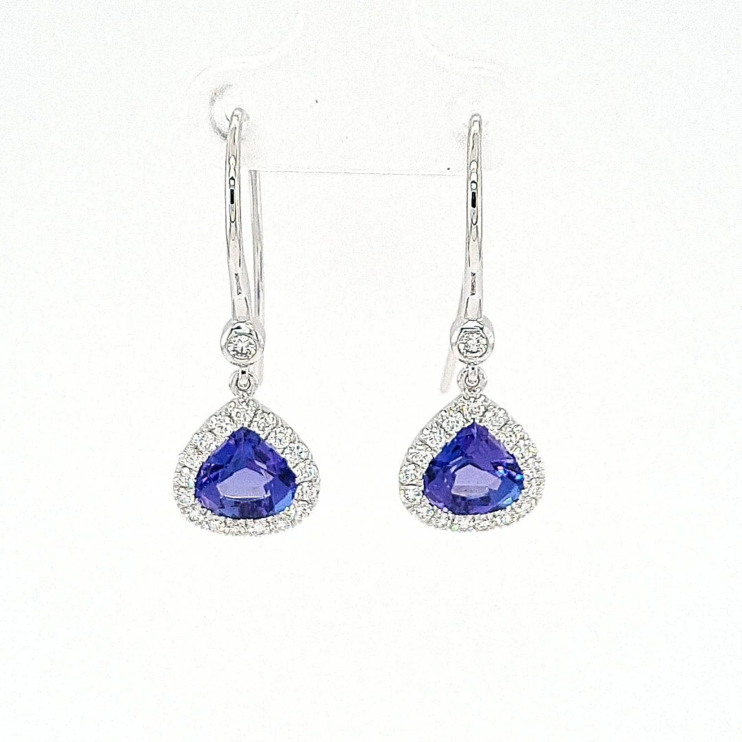 These tanzanite earrings are absolutely breathtaking.  3.57ct TW pear shaped tanzanite with 0.65ct TDW of diamonds for extra sparkle.  (Currently Available)