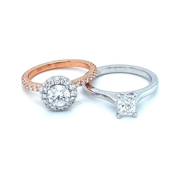 0.64ct brilliant cut diamond with halo set in 18ct rose & white gold.  0.60ct radiant diamond engagement solitaire in 18ct white gold.