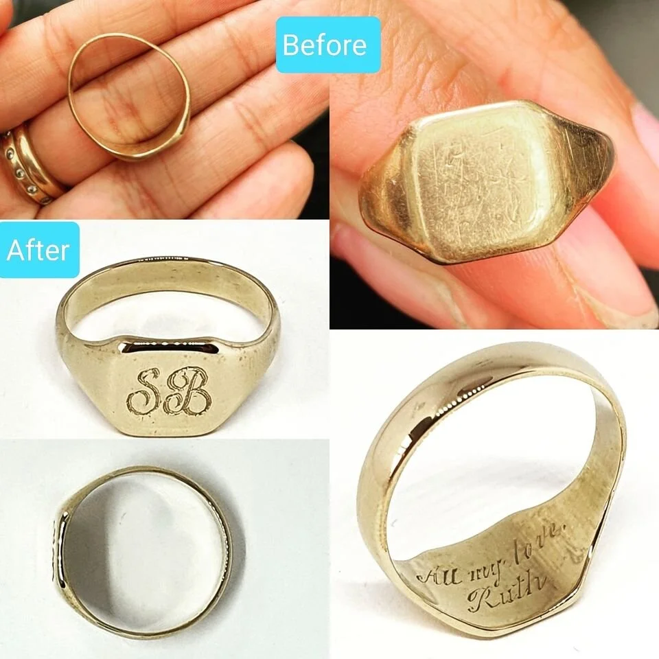 This remodel brought back to life the wear that 60 years of marriage had done to this ring.  The original engraving was redone and the shank replaceed without harming the original engraving inside the ring.