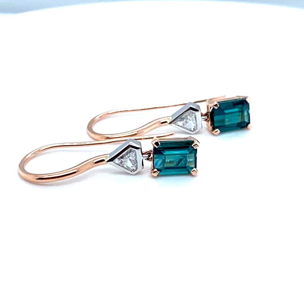 These beautiful earrings feature 0.25ct TDW bullet shaped diamonds and 2.78ct of blue green tourmaline.  They are set in 18ct rose & white gold and really do look way better when you see them up close.  (Currently Available)