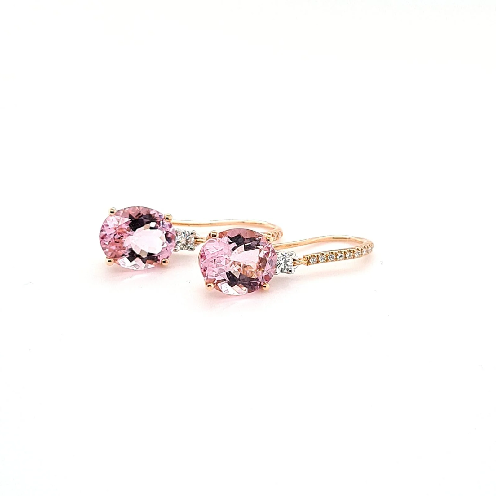 New in the store is this stunning set of Morganite sheppherd hook earrings.  These beauties feature 4.80ct TW of pink morganite, diamonds and are set in 18ct rose gold.