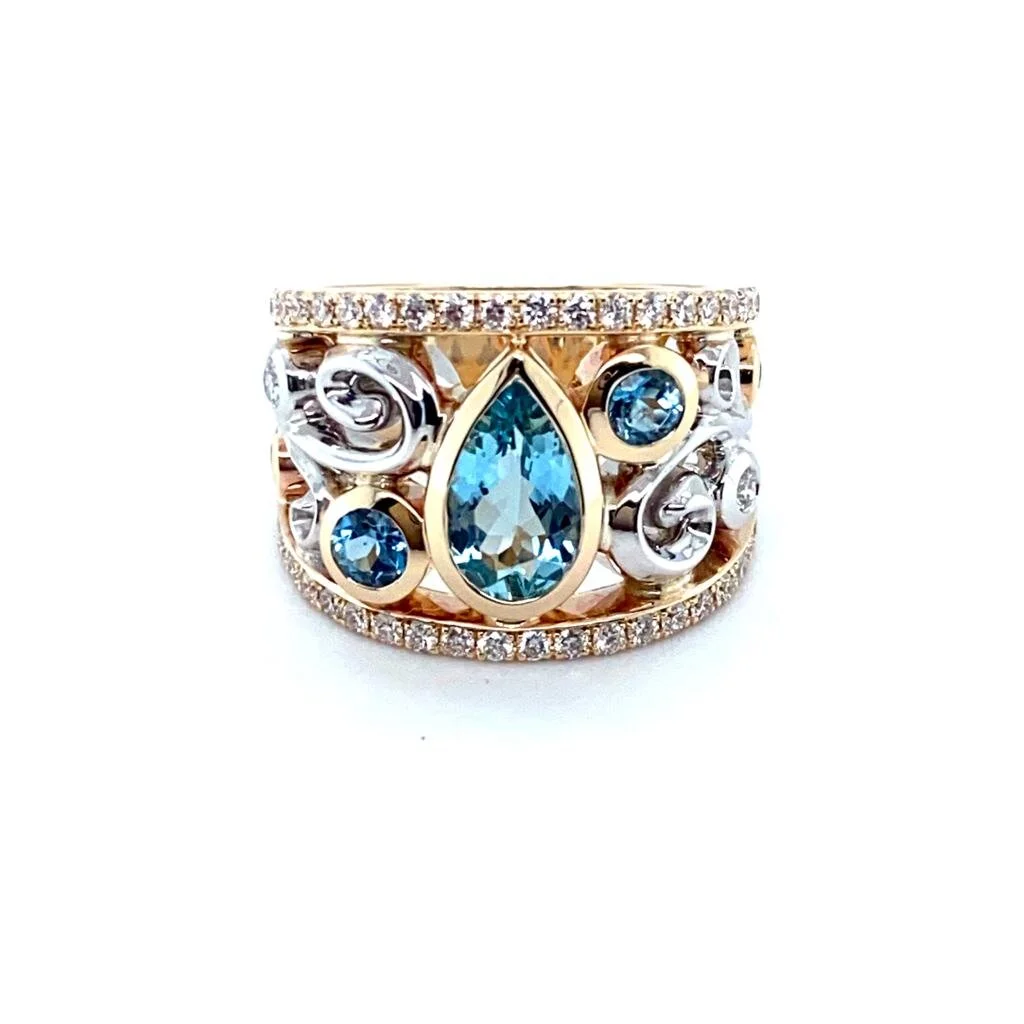 A beautiiful Santa Maria Aquamarine dress ring.  This gorgeous piece also features diamonds and is set in yellow and white gold.