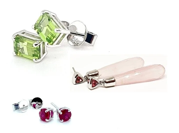 We use a lot of coloured gemstones in our  custom jewellery designs .  Above our some earrings using peridot, rose quartz and rubies.