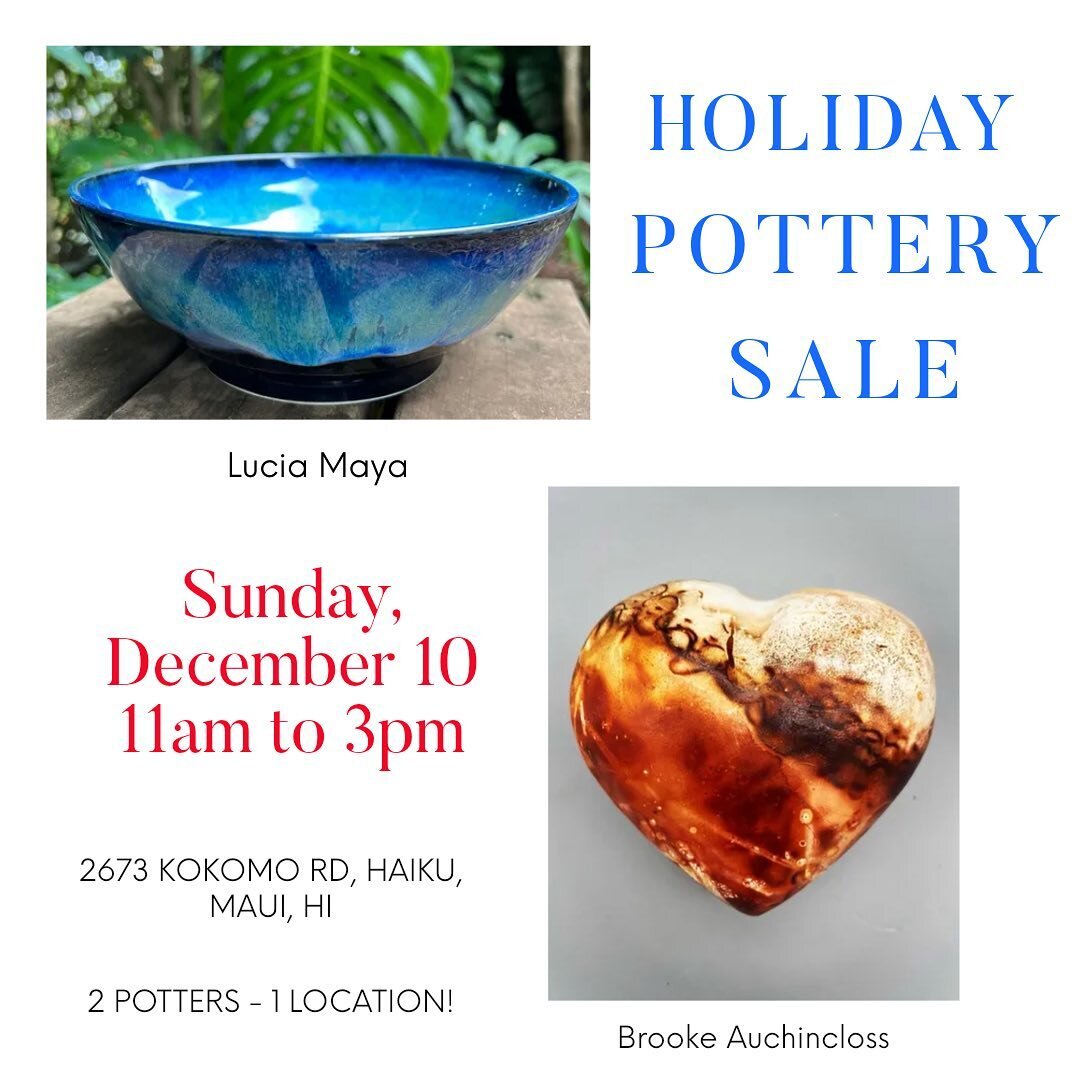 My Holiday Pottery Sale is one week from tomorrow! Sunday, December 10, from 11am to 3pm, in Ha'iku, Maui. Would love to see you there!
.
.
#pottery 
#potterylove 
#wheelthrown 
#ceramics 
#mauiartist
#womenartists 
#functionalpottery 
#handmadebowls