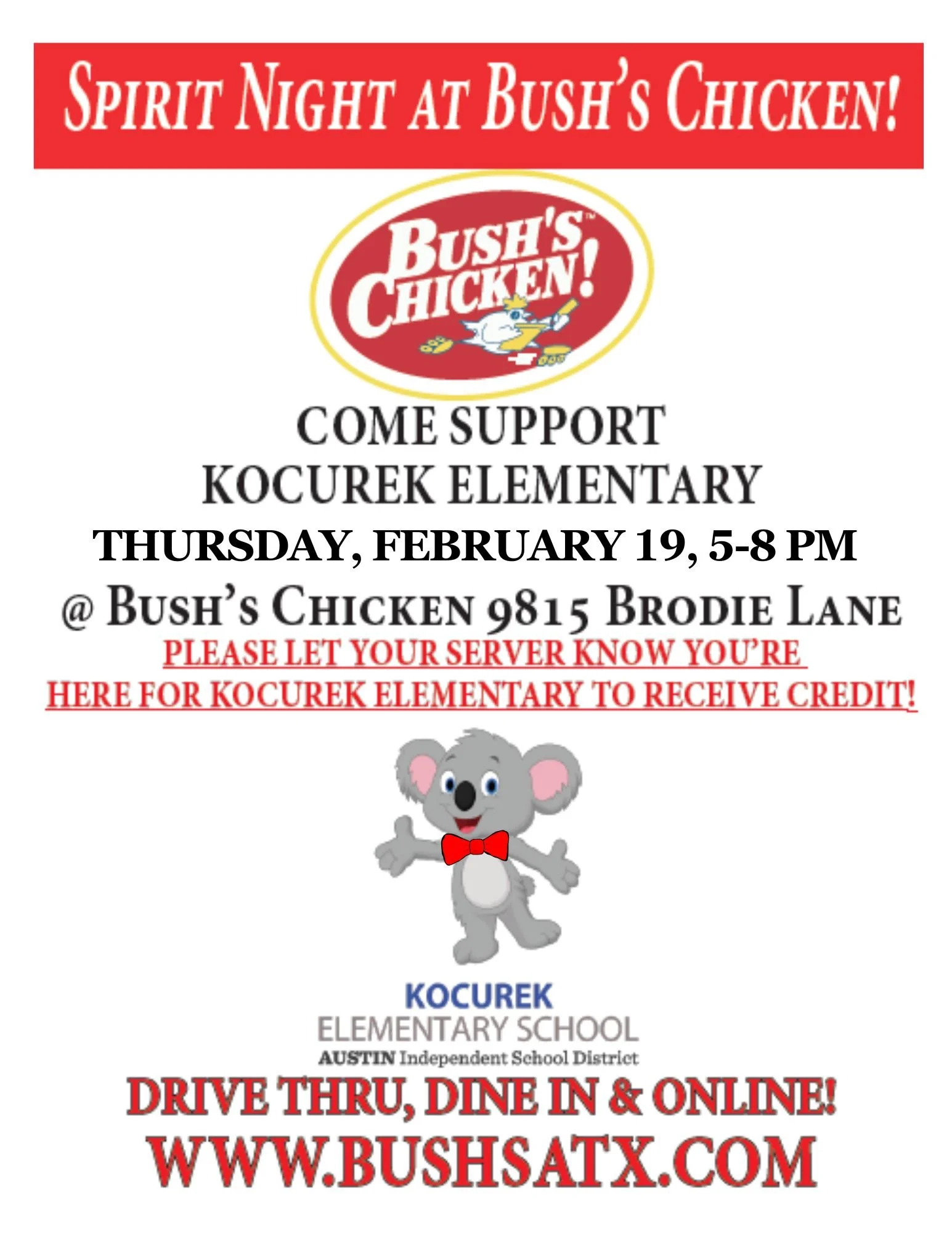 Bush’s Chicken Spirit Night 2/19
