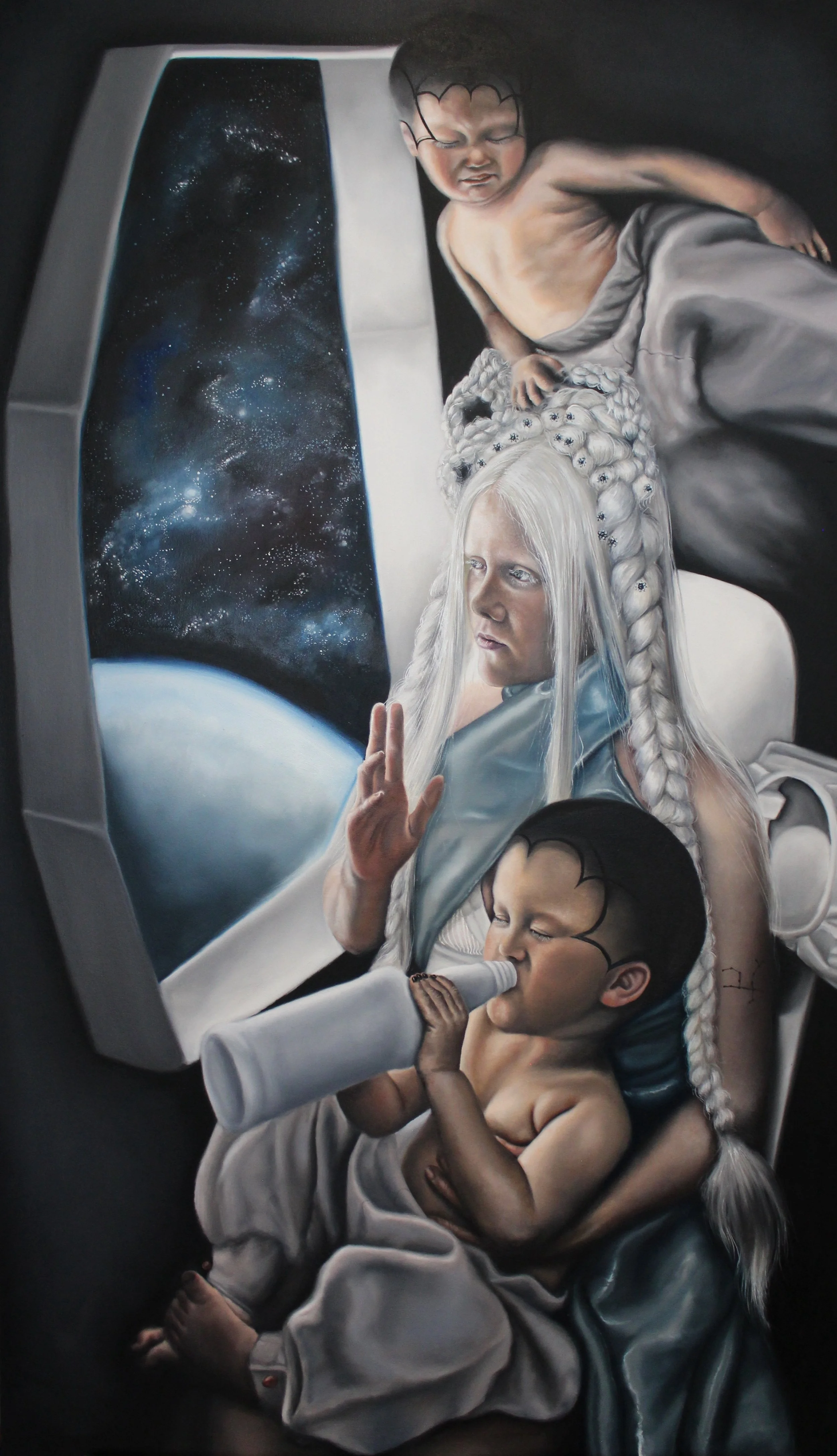 Samantha Harrison art, space queen in contemplation, oil painting, self portrait with son, Edmonton artist, alberta artist, Canadian artist, portrait artist, gallery alien paintings, white hair paintings