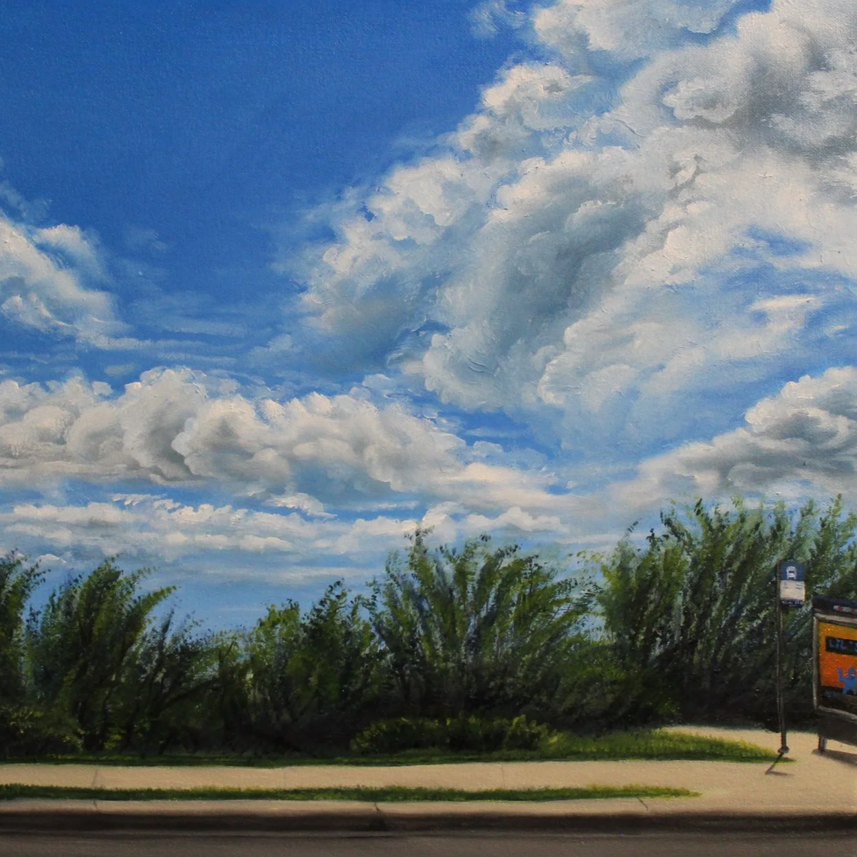 View of the Clouds (Edmonton Bus Stop), hyperrealism, photorealism, oil on canvas, oil painter, Samantha Harrison artist, Edmonton artist, Alberta artist, Canada, gallery, clouds, landscape, bus stop