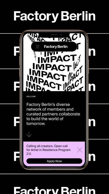The Factory Berlin website is a very mobile-first design with buttons, call-to-actions and graphic elements mirroring the UX design of main smartphone iOS and app layouts.