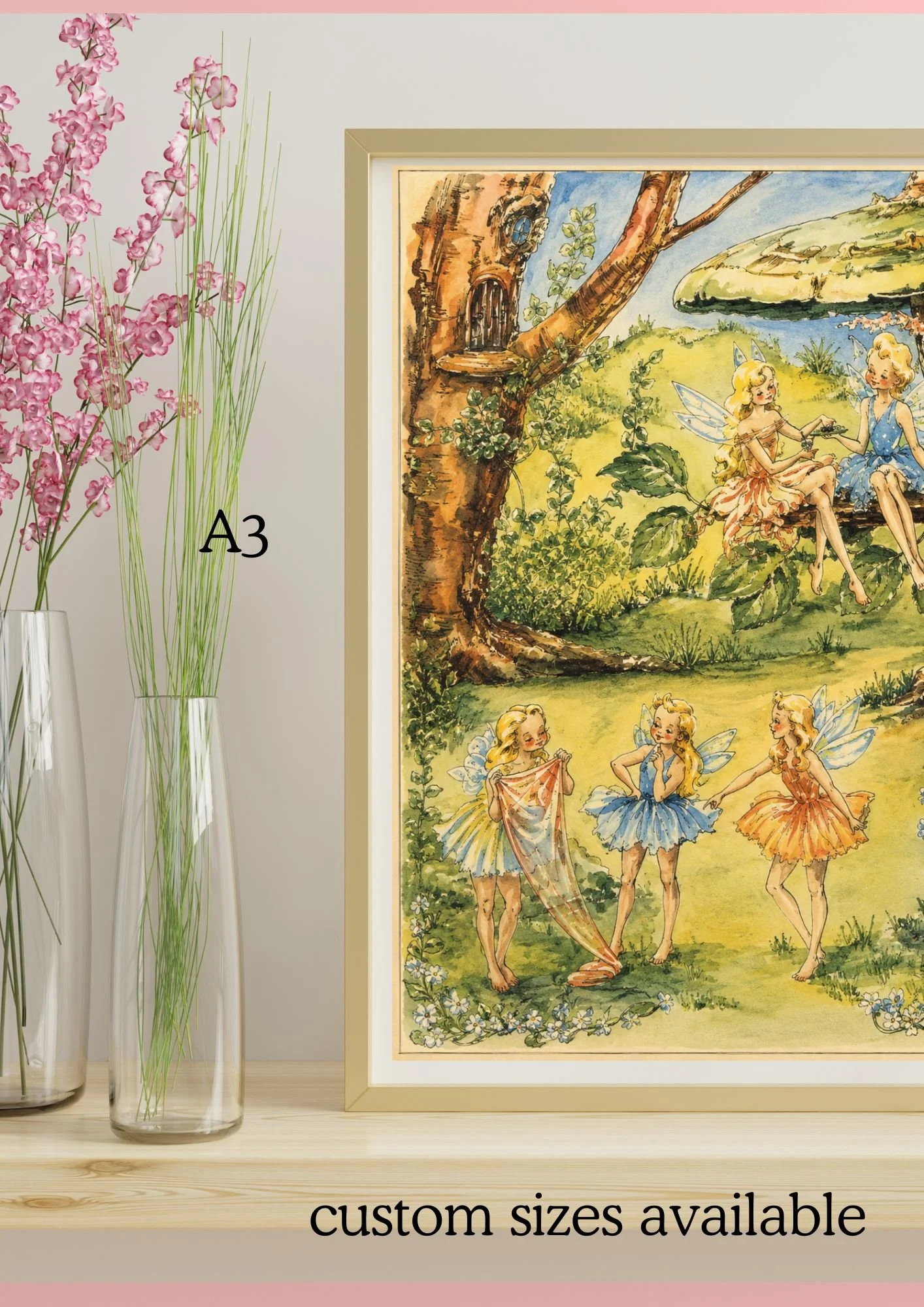VINTAGE FAIRY Art Print | Whimsical Fairy Cottage Wall Art | Fantasy Bookish Decor | Elves Nursery Illustration | Custom Sizes