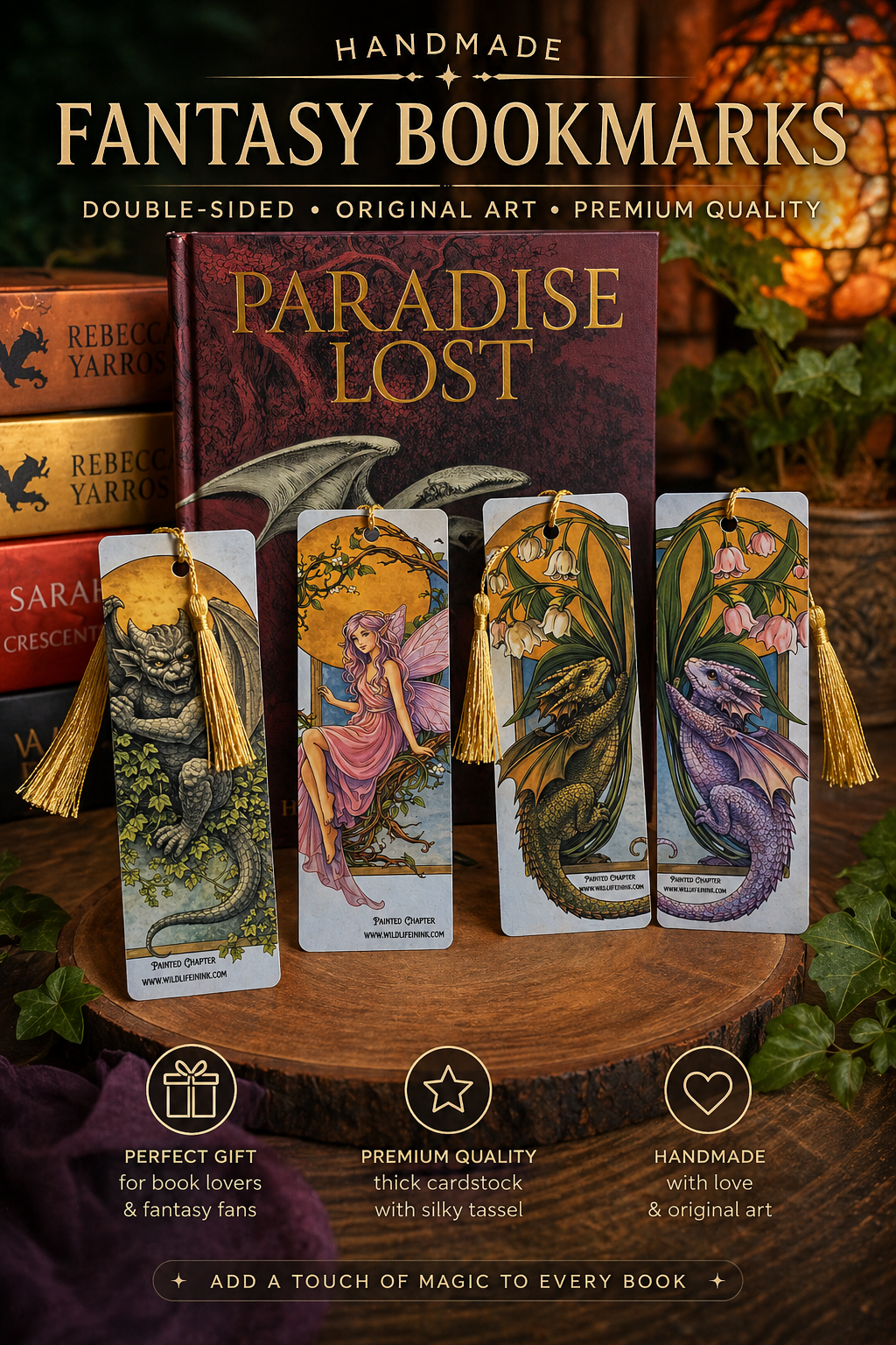 Fantasy Fairytale Bookmark Set of 4, Dragon Fairy Gargoyle Bookmarks, Gold Tassel, Fantasy Book Lover Gift