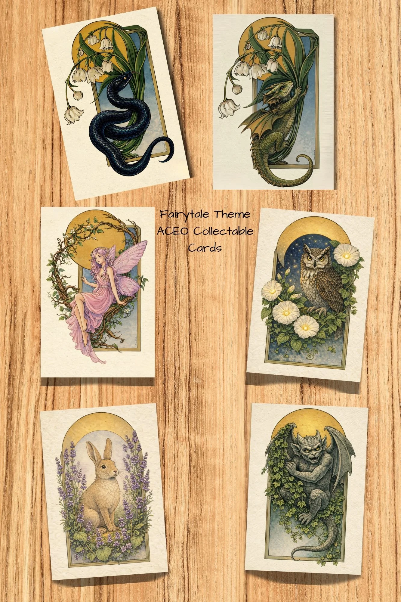 Set of 6 Fantasy ACEO Cards, Gothic Fairytale Mini Art Print Collection, Owl Dragon Rabbit Fairy Gargoyle Serpent, Fantasy Collector Cards