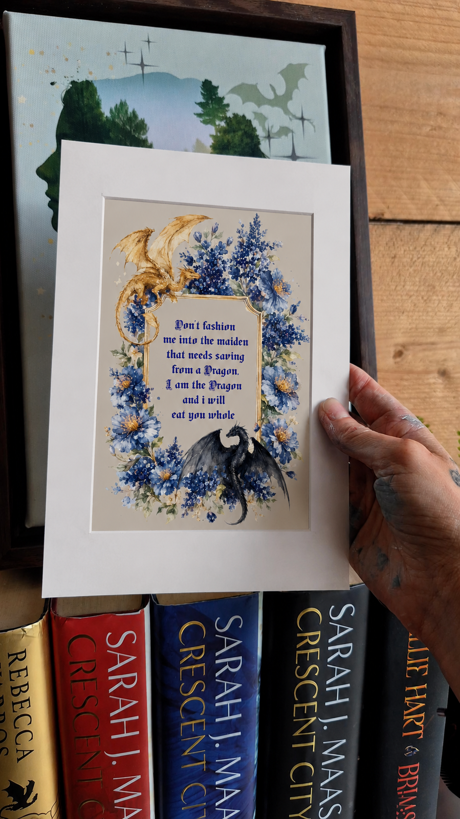 Dragon Quote Art Print | Fantasy Book Lover Wall Art | Romantasy Decor | Gothic Dragon Print | Mounted Gift for Readers | A5 A4 A3