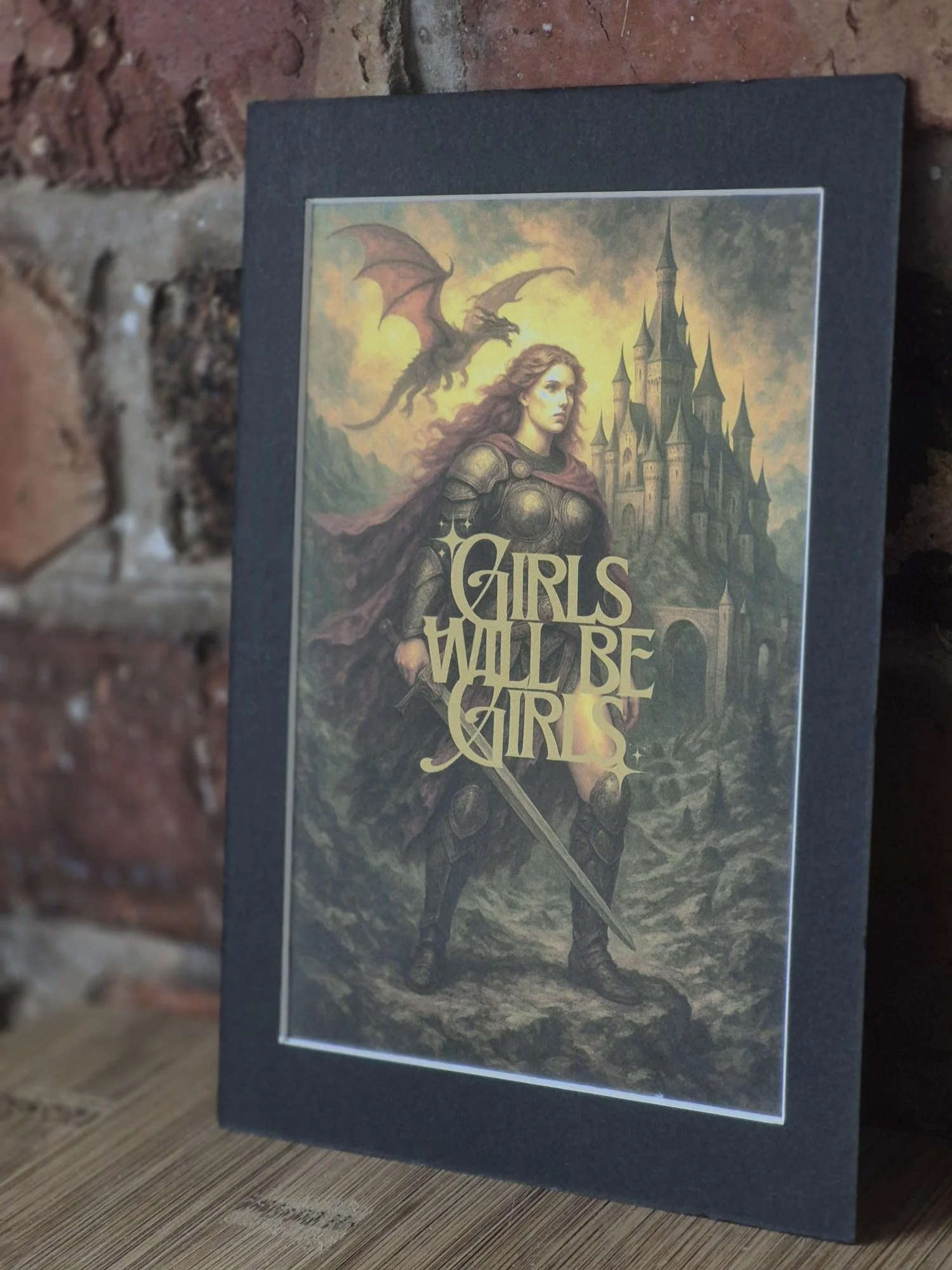Medieval KNIGHT female design, FANTASY romance classical art print, book inspired poster print, Dragon and Castle, Girls will be Girls!