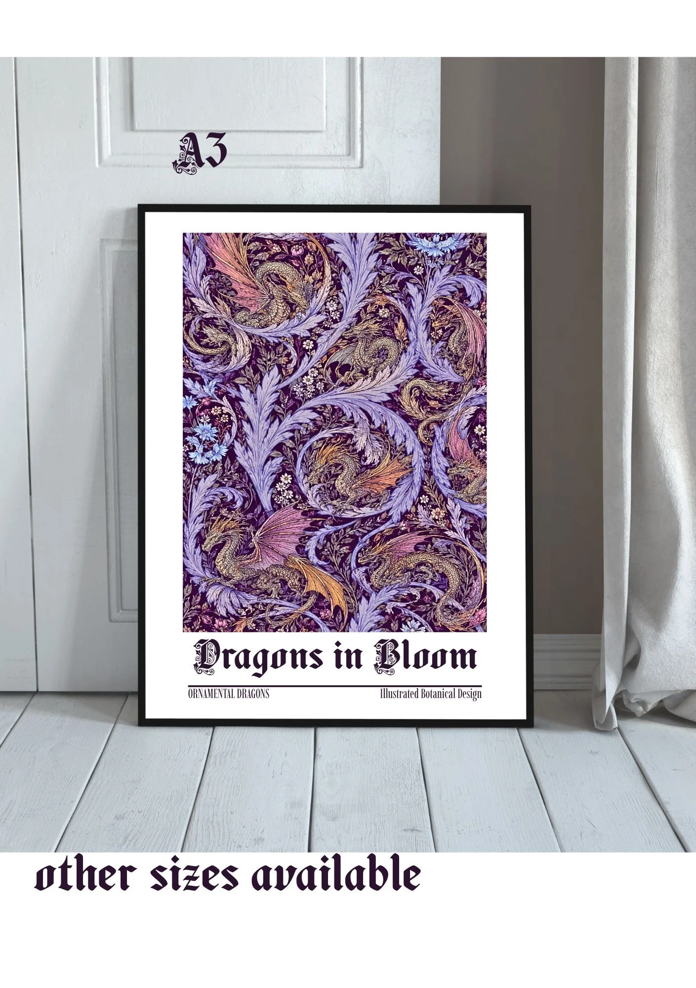 DRAGONS in BLOOM Art Print | William Morris Inspired Fantasy Wall Art | Botanical Dragon Poster | Gothic Cottagecore Decor | Book Lover Gift