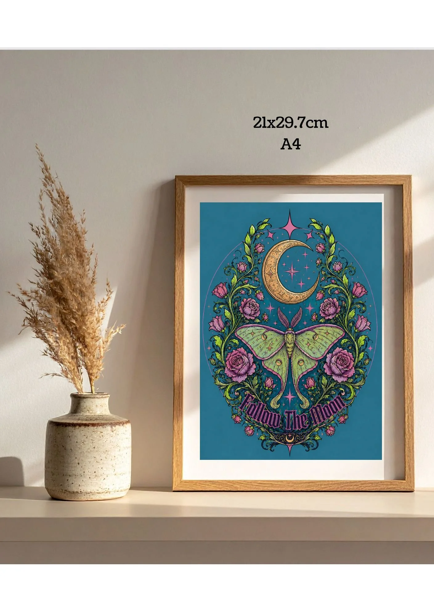 GOTHIC MOON Wall Art | Celestial Botanical Print |Follow the Moon Luna Moth Art Print | Witchy Home Decor | Book Lover Gift | Fantasy Decor