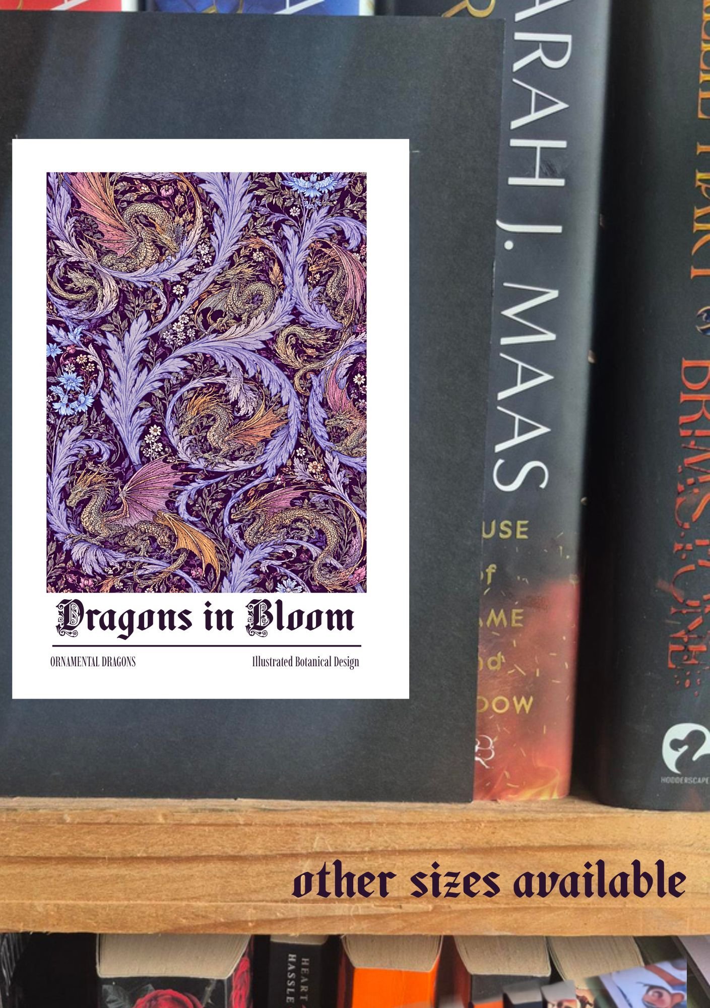 DRAGONS in BLOOM Art Print | William Morris Inspired Fantasy Wall Art | Botanical Dragon Poster | Gothic Cottagecore Decor | Book Lover Gift