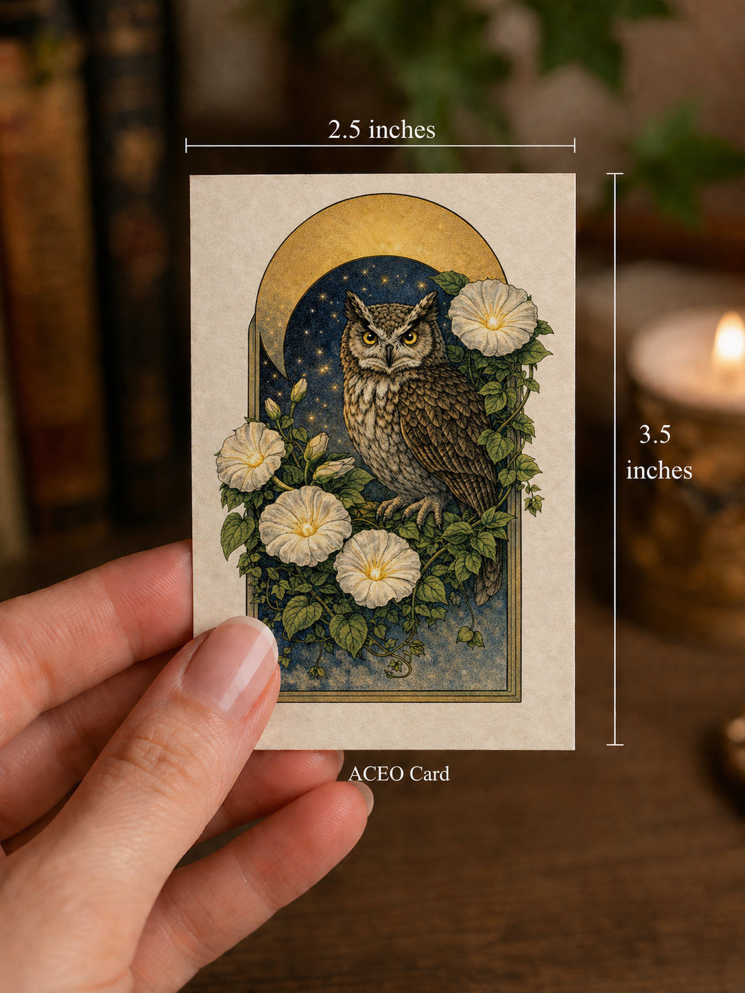 Full set of six fantasy ACEO cards arranged together showing owl, dragon, rabbit, fairy, gargoyle and serpent designs.