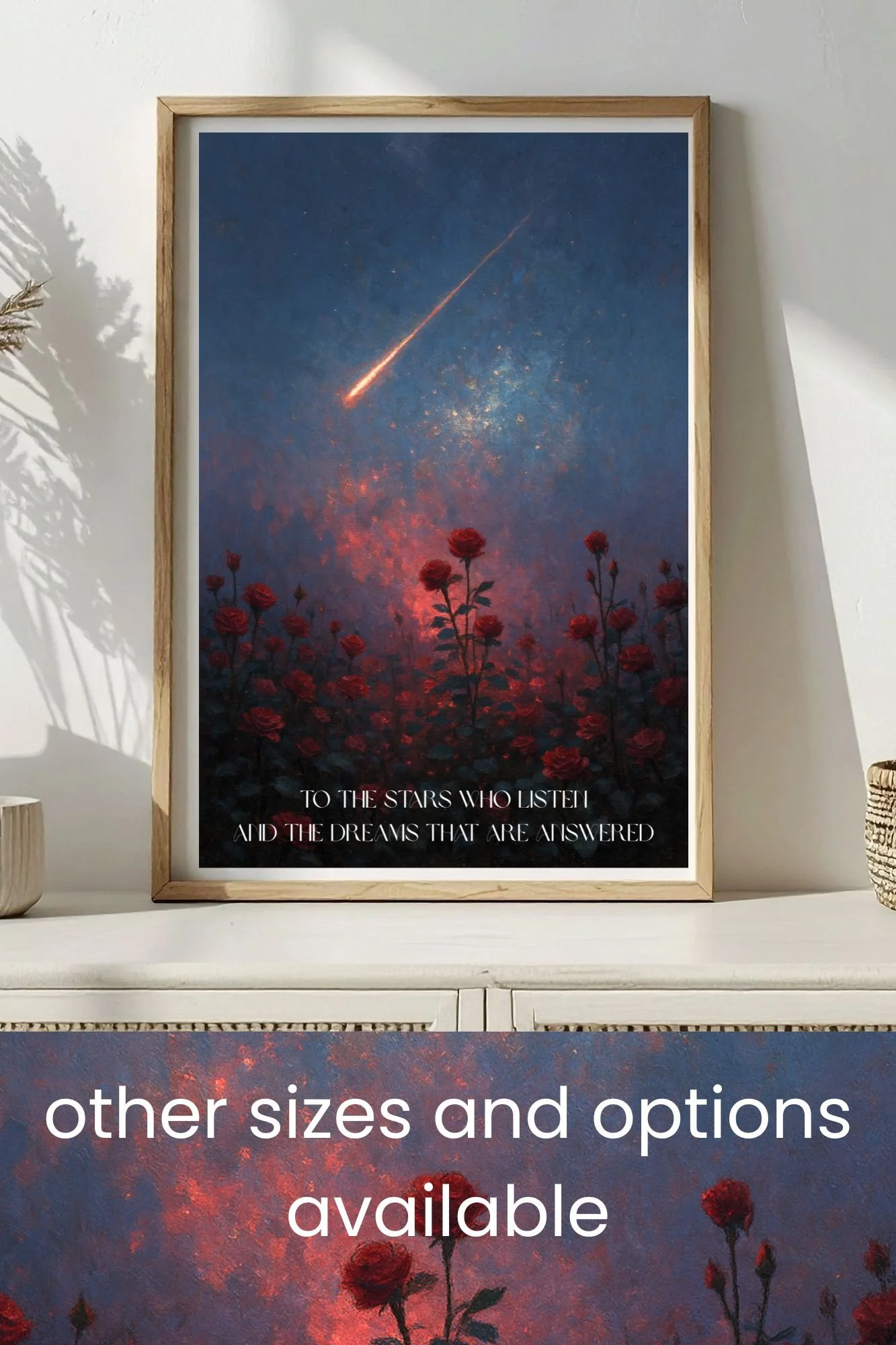 ACOTAR rose design, FANTASY romance classical art print, book inspired poster print, Dreamers Design, star night sky painting