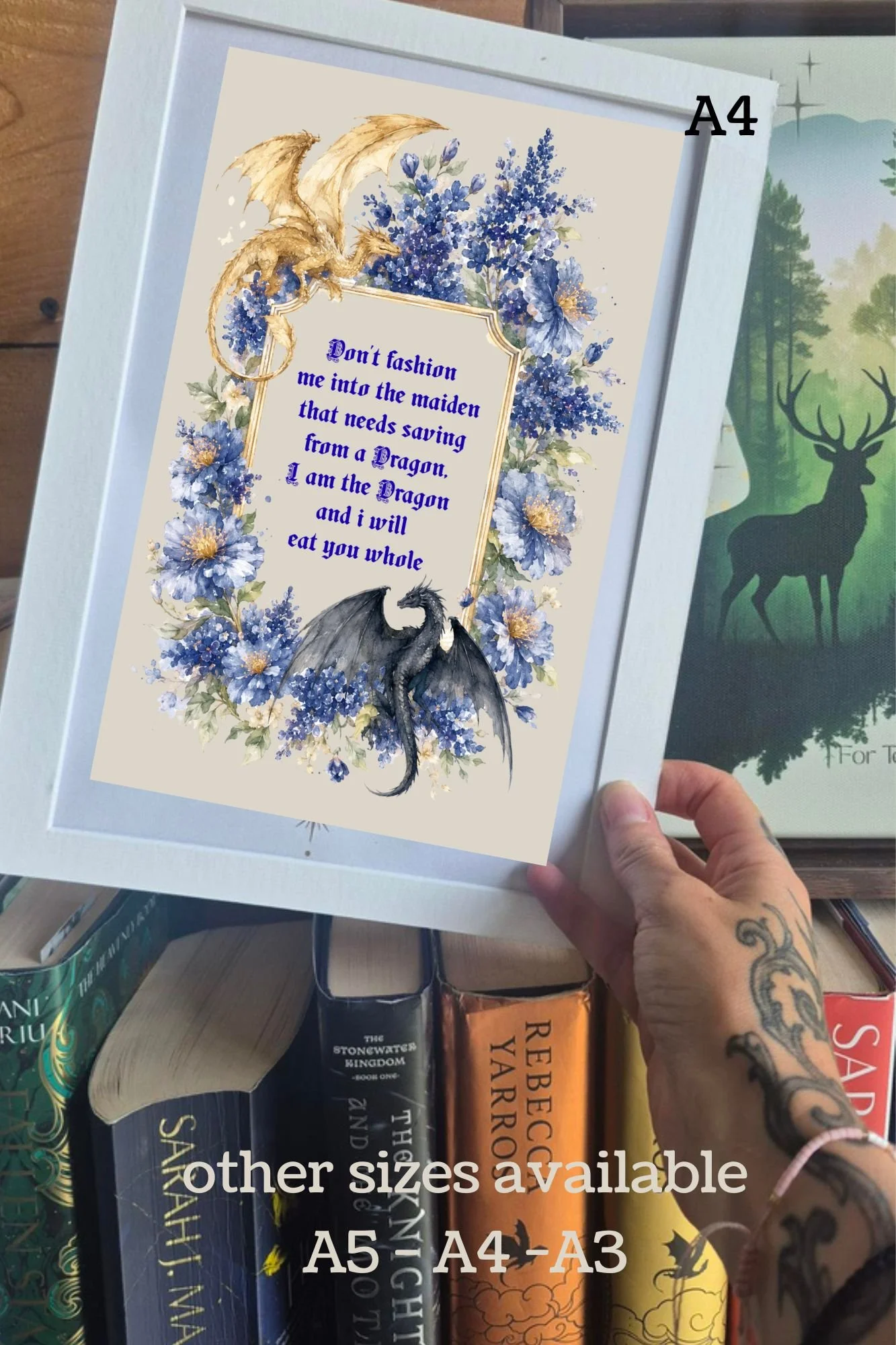 Dragon Quote Art Print | Fantasy Book Lover Wall Art | Romantasy Decor | Gothic Dragon Print | Mounted Gift for Readers | A5 A4 A3
