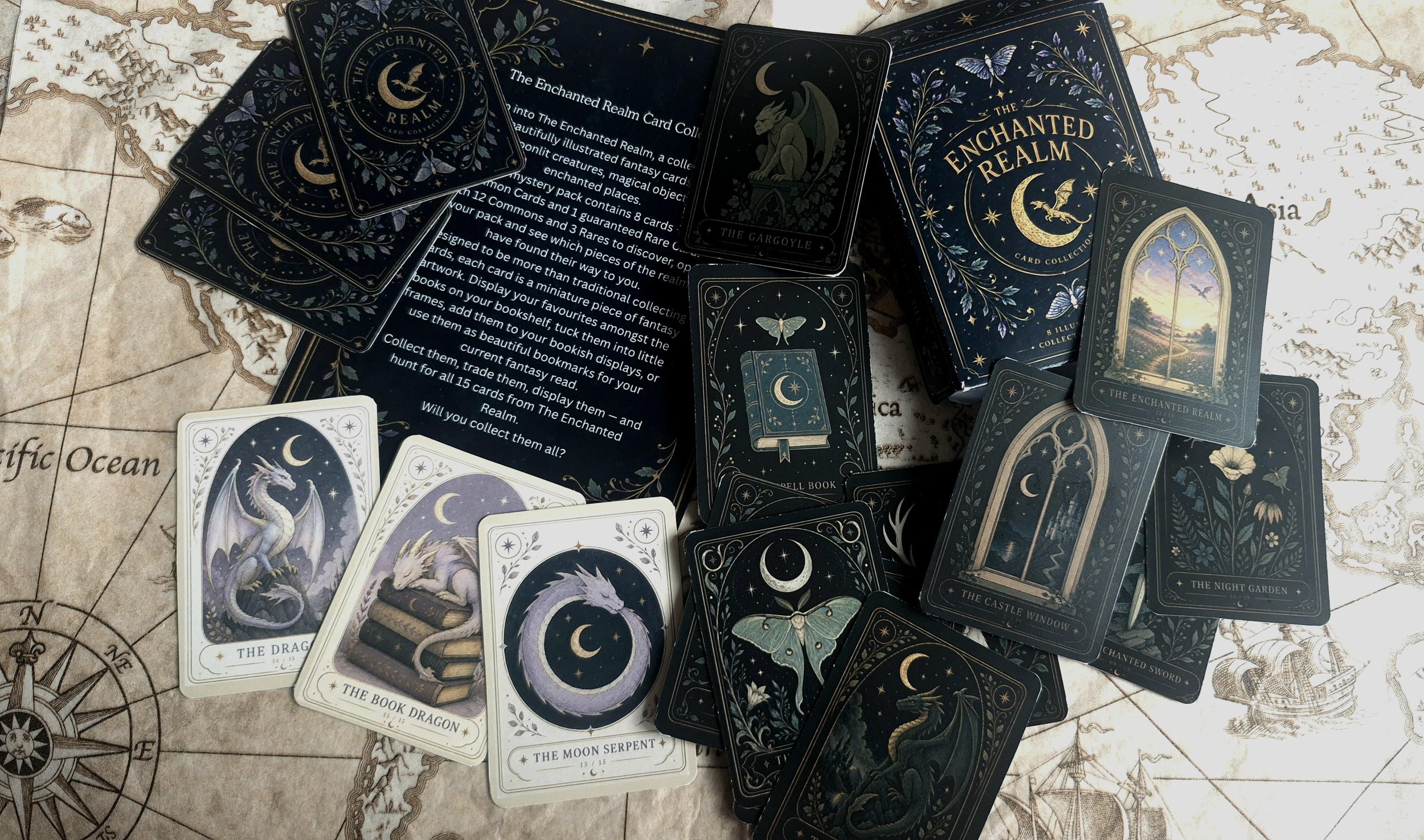 FANTASY BOOKS Collectible Card Deck, The Enchanted Realm, 15 Illustrated Fantasy Cards, Dragon Fairy Gothic Bookish Gift