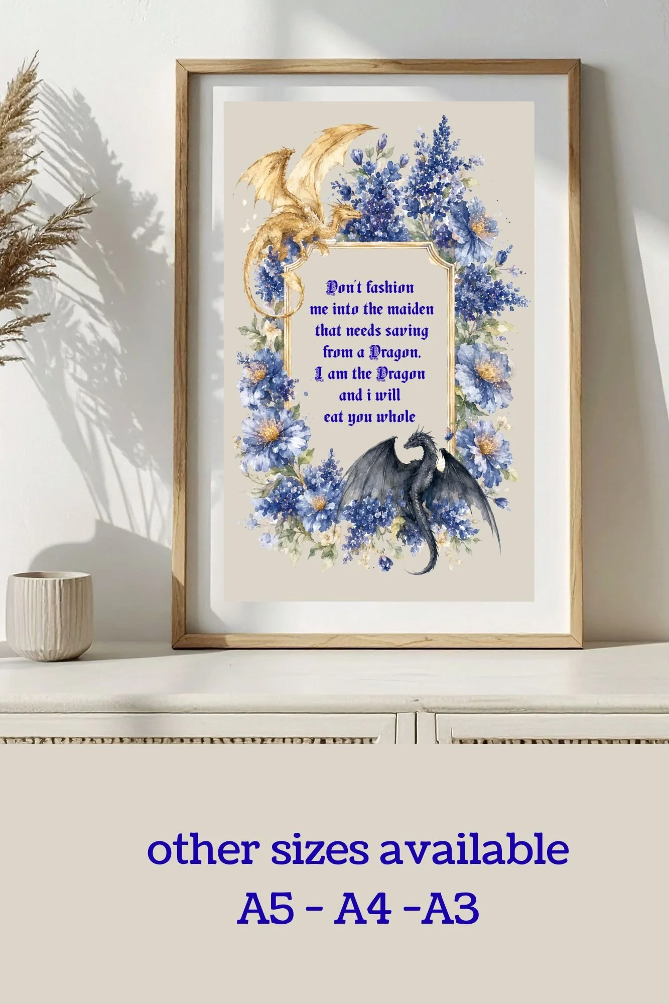 Dragon Quote Art Print | Fantasy Book Lover Wall Art | Romantasy Decor | Gothic Dragon Print | Mounted Gift for Readers | A5 A4 A3