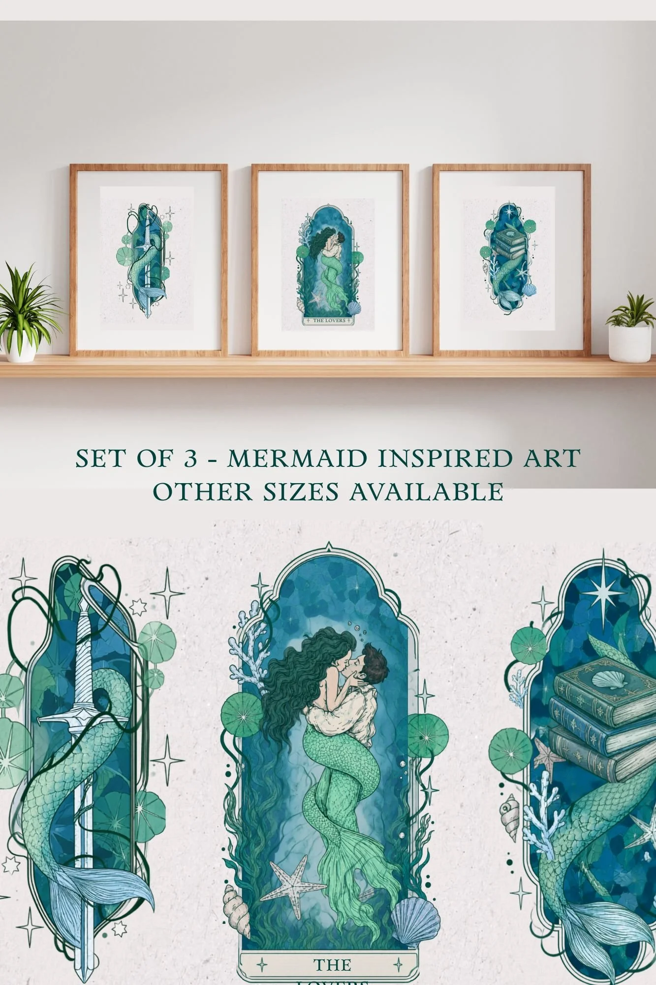 MERMAID Art Print Set of 3 | FANTASY Book Lover Wall Art | Siren & Ocean Goddess Illustrations | A5 Mounted Prints | Bookish Decor Gift