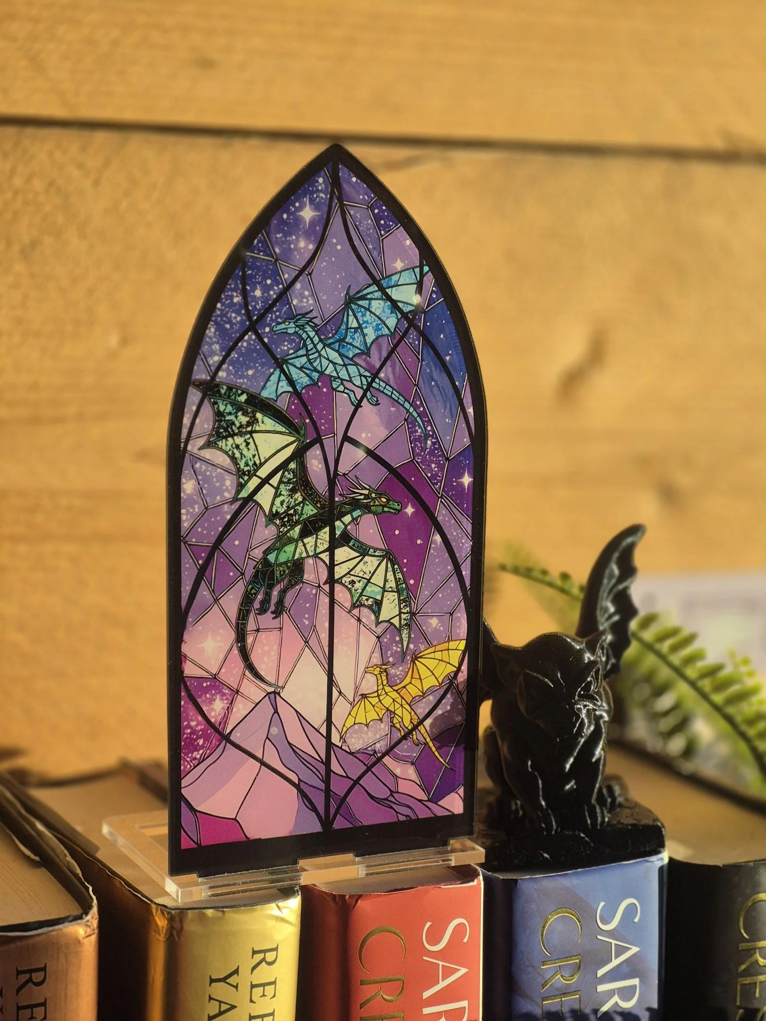 DRAGON Bookshelf Decor | Fourth Wing Book Art | Fantasy Wyvern Acrylic Plaque | Stained Glass Window Style Book Nook