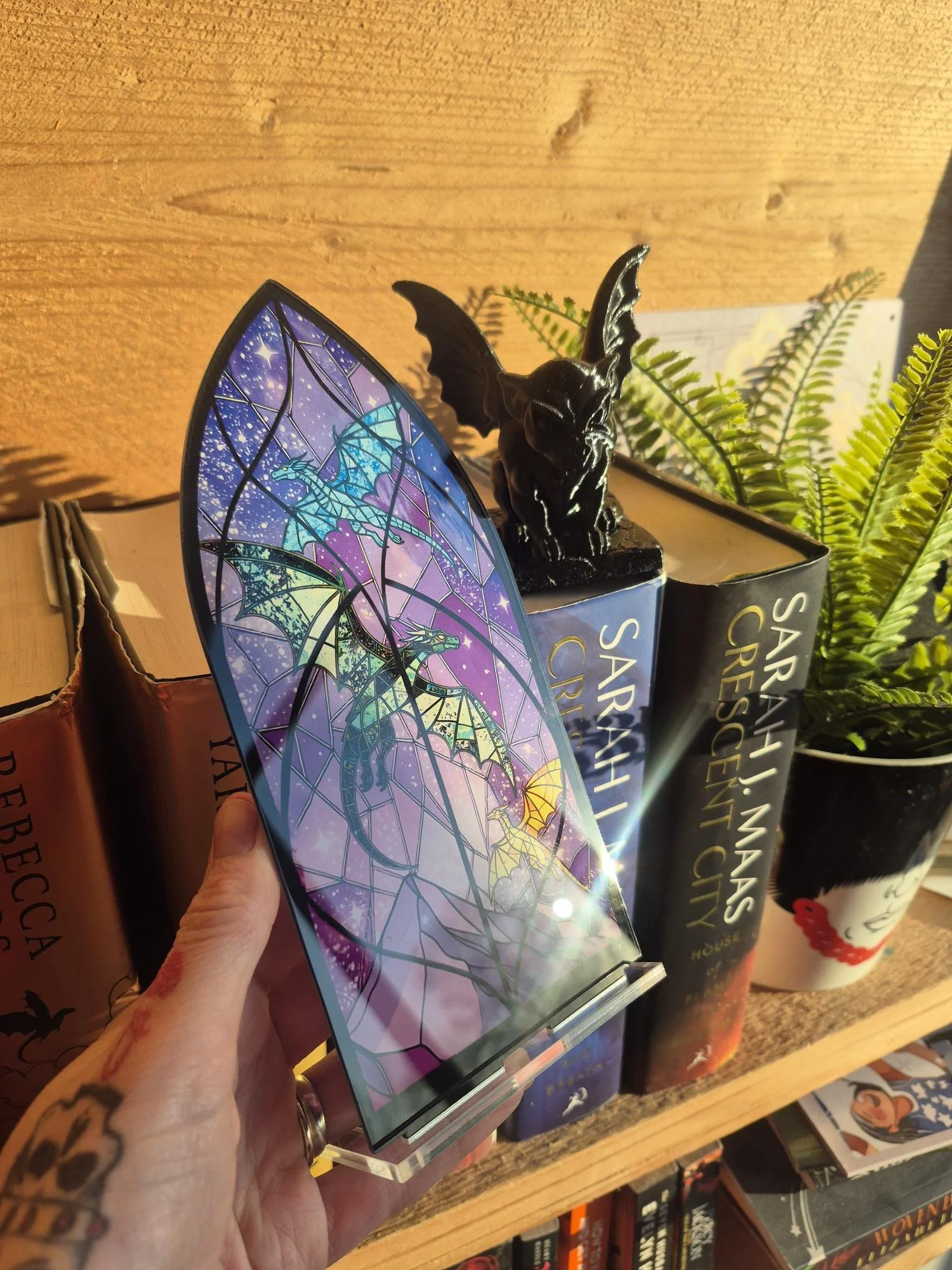 DRAGON Bookshelf Decor | Fourth Wing Book Art | Fantasy Wyvern Acrylic Plaque | Stained Glass Window Style Book Nook