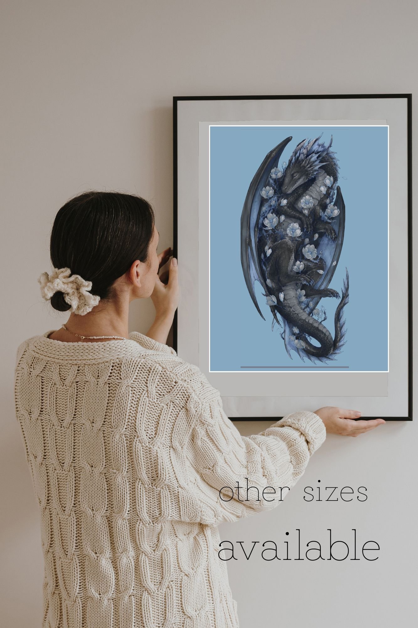 DRAGON Art Print | Fantasy Wall Art for Book Lovers | Dark Blue Dragon Poster | Mythical Creature Decor | Cottagecore Fantasy Gift