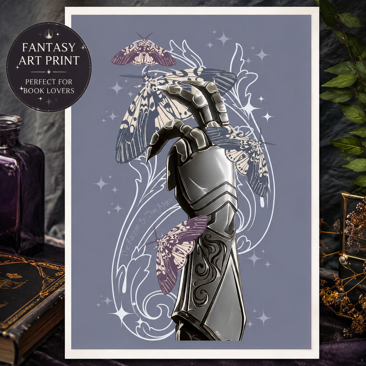 KNIGHT and The MOTH Fantasy Book Print | Dark Academia Wall Art | Booktok Decor | Romantasy Book Lover Gift | Celestial Moth Print