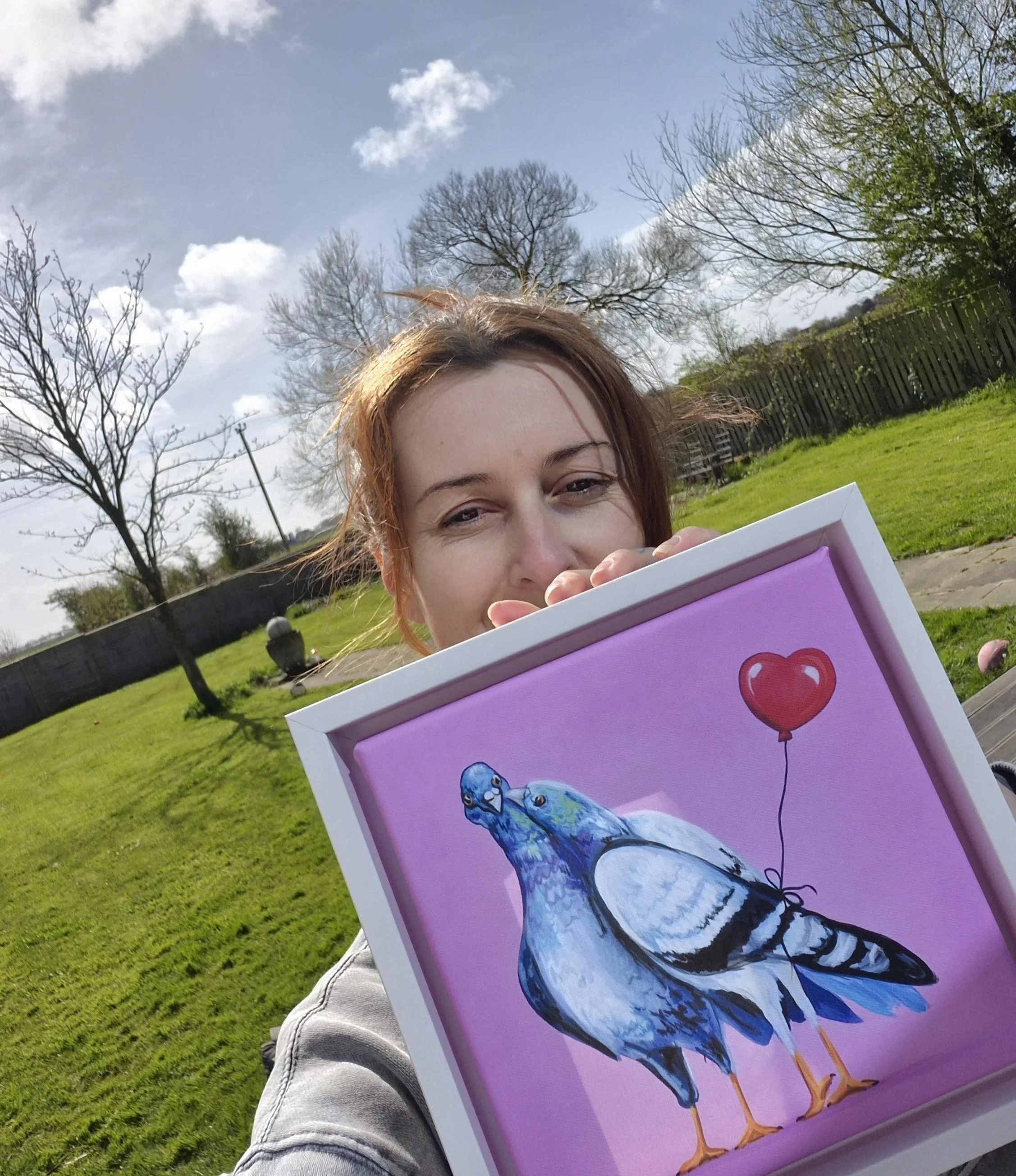 Wing mates framed canvas print, colourful pigeon art
