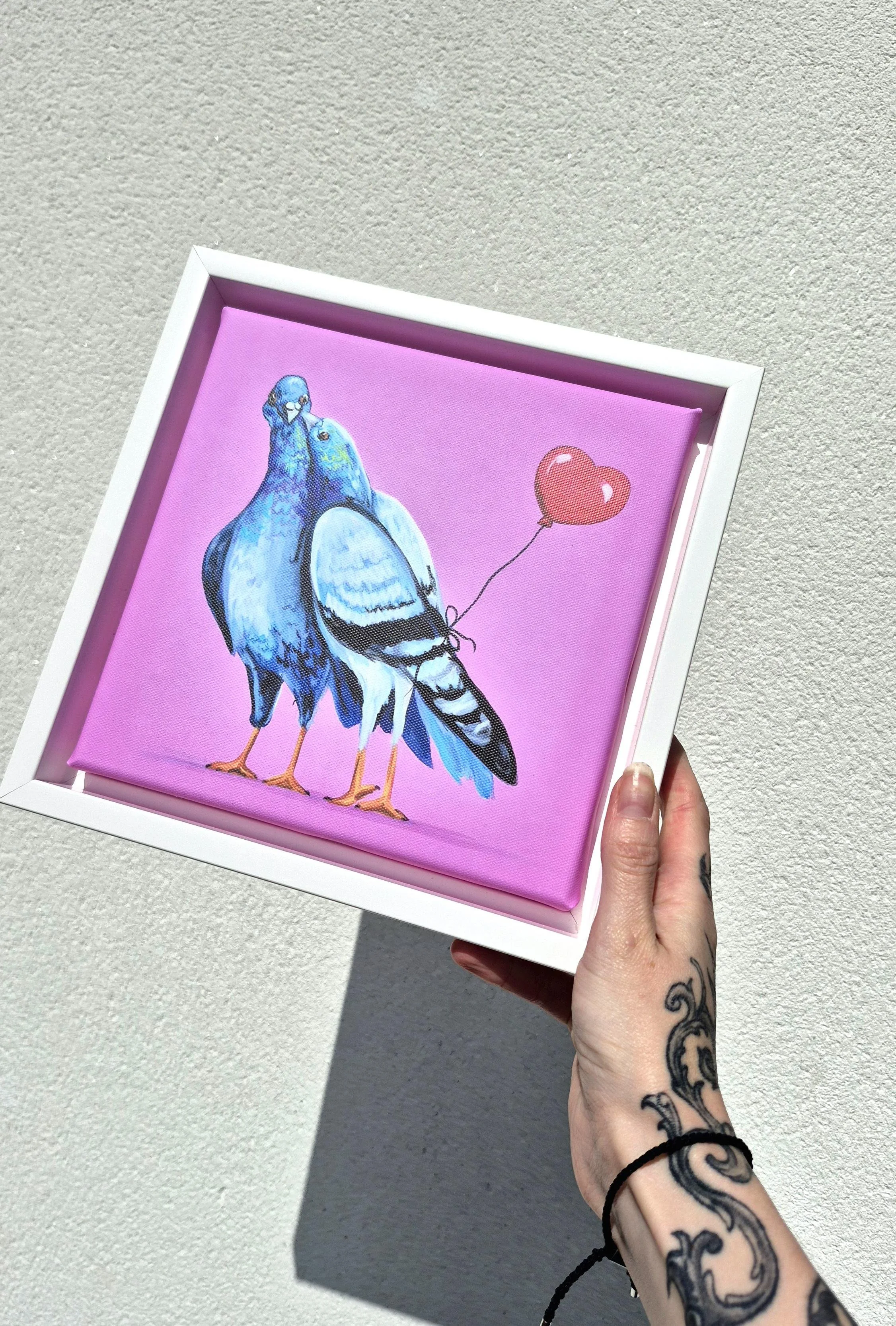 Wing mates framed canvas print, colourful pigeon art