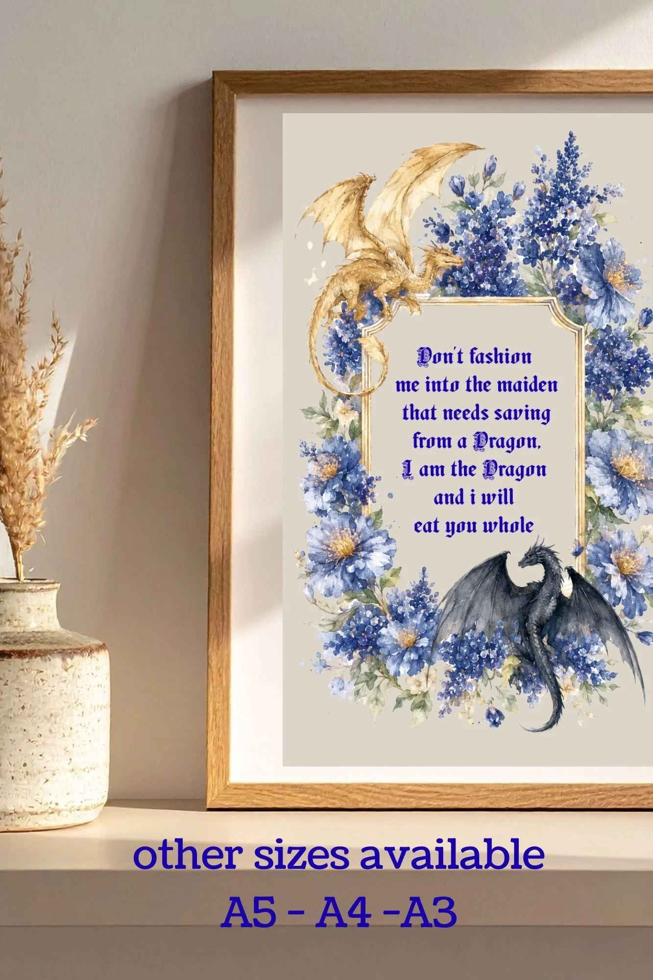 Dragon Quote Art Print | Fantasy Book Lover Wall Art | Romantasy Decor | Gothic Dragon Print | Mounted Gift for Readers | A5 A4 A3
