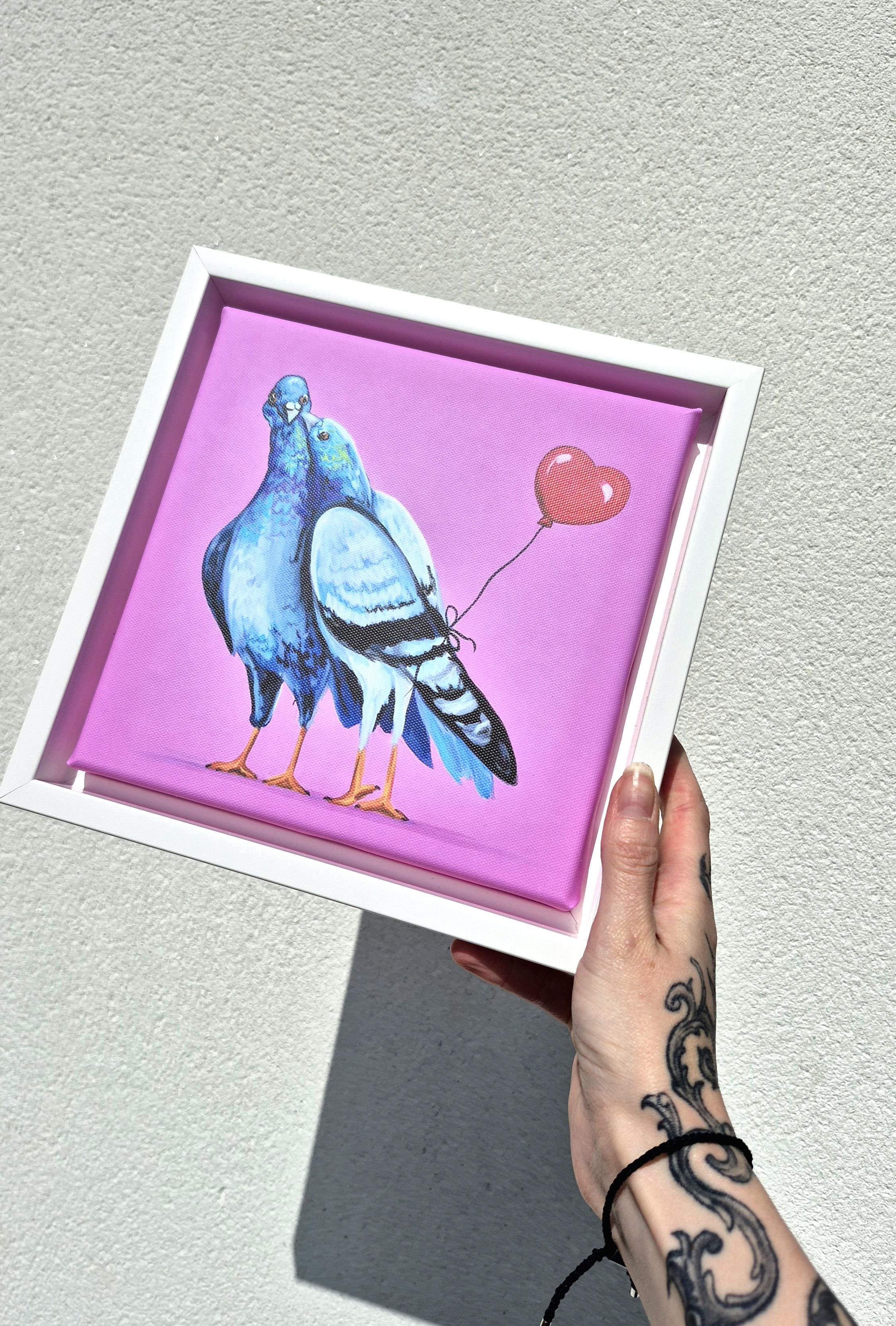 pigeon wall art, framed canvas print UK, pink wall art, quirky animal art, modern home décor, small framed art, colourful canvas print, unique wall art gift, contemporary bird art