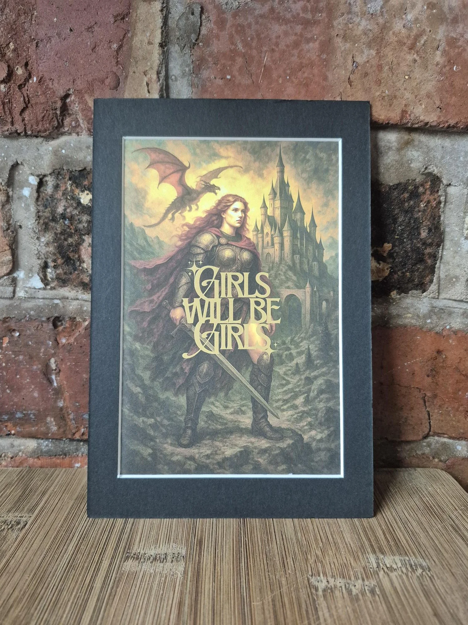 Medieval KNIGHT female design, FANTASY romance classical art print, book inspired poster print, Dragon and Castle, Girls will be Girls!