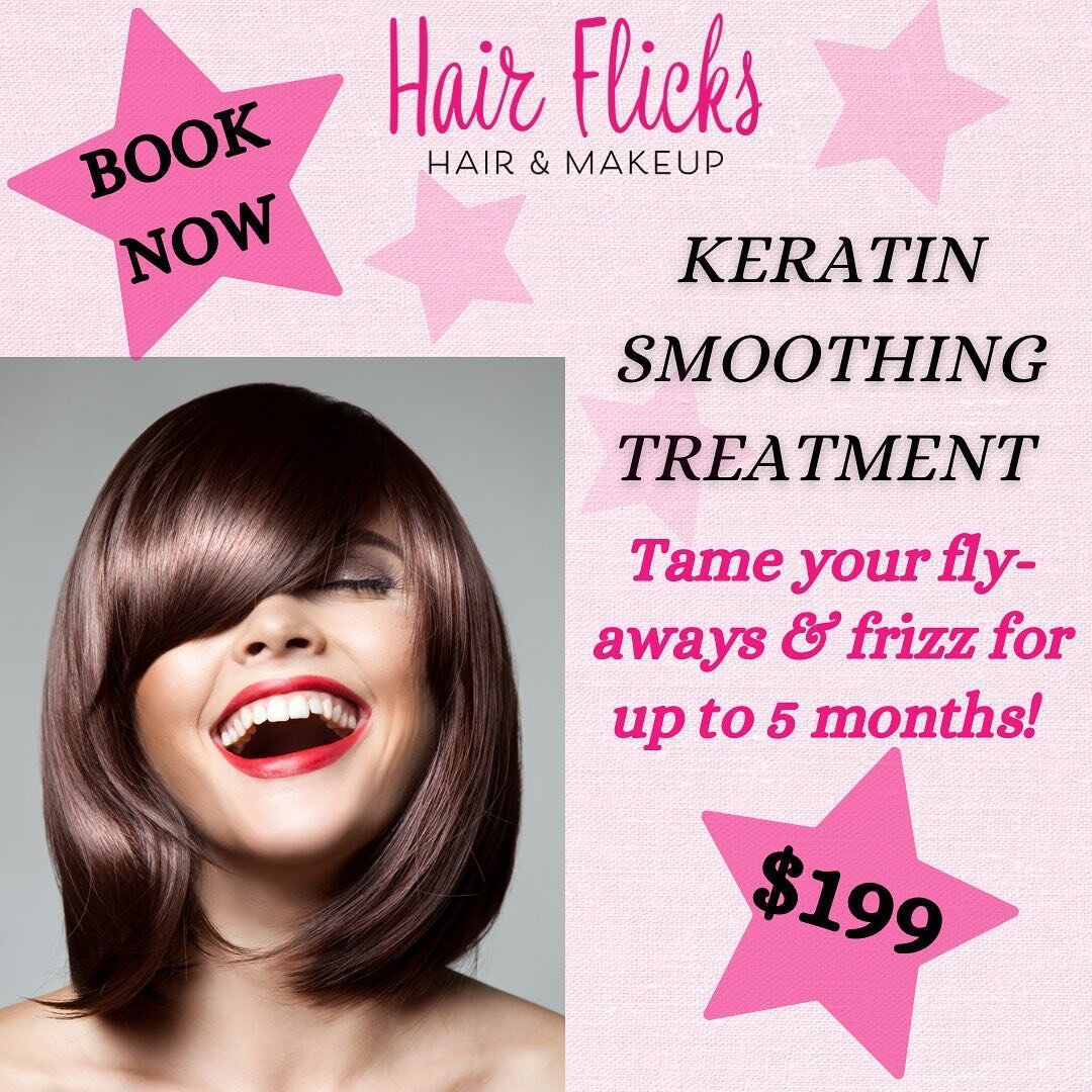Keratin smoothing treatment on special for $199! 🤍
Benefits:
- reduces frizz &amp; fly-aways
- adds shine &amp; strengthens
- protects hair from humidity 
- increases styling manageability 
- when used with correct aftercare effects lasts up to 5 mo