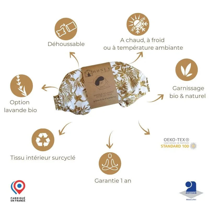 Masque pour les yeux en tissu, avec icônes illustrant ses caractéristiques : lavable, adapté à chaud ou froid, options lavande bio, intérieur surcyclé, garanti un an, garnissage bio et naturel, conforme à la norme OEKO-TEX Standard 100, fabriqué en France, artisanal.