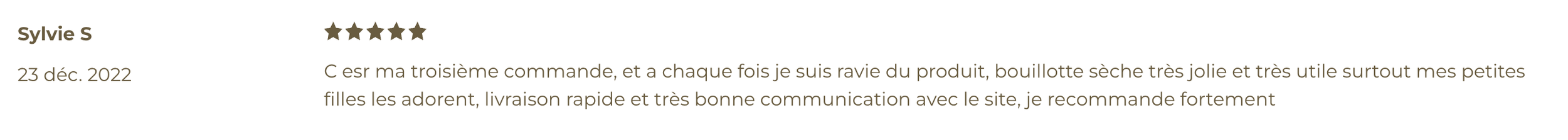 Avis client 5 étoiles daté du 23 décembre 2022 pour le produit de Sylvie S, mentionnant sa satisfaction pour la qualité, la rapidité de livraison et la communication du site.