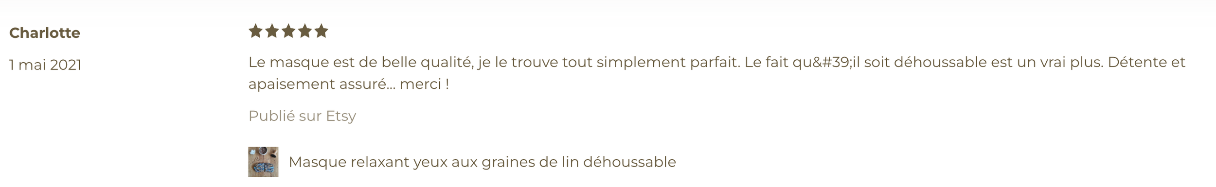 Avis en français pour une couche de masque facial pour les yeux à base de graines de lin déshydratées, avec une note de 5 étoiles, publié sur Etsy.