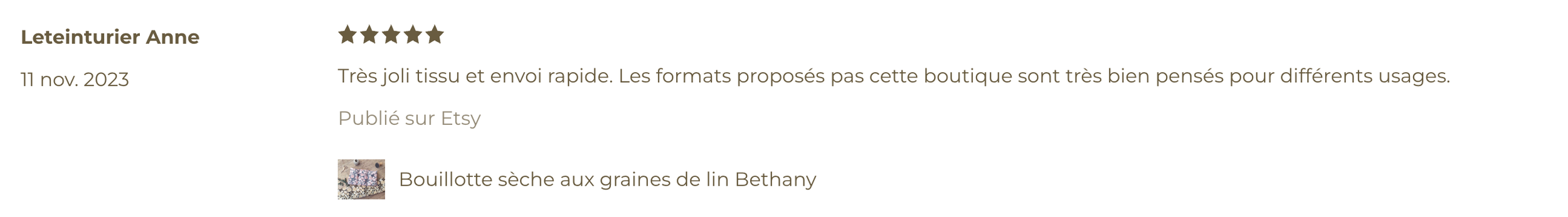 Avis d'une cliente nommée Leteinturier Anne, daté du 11 novembre 2023, avec une note de 5 étoiles, commentant la qualité du tissu et la rapidité d'envoi d'une boutique Etsy, accompagnée d'une petite image d'un produit.
