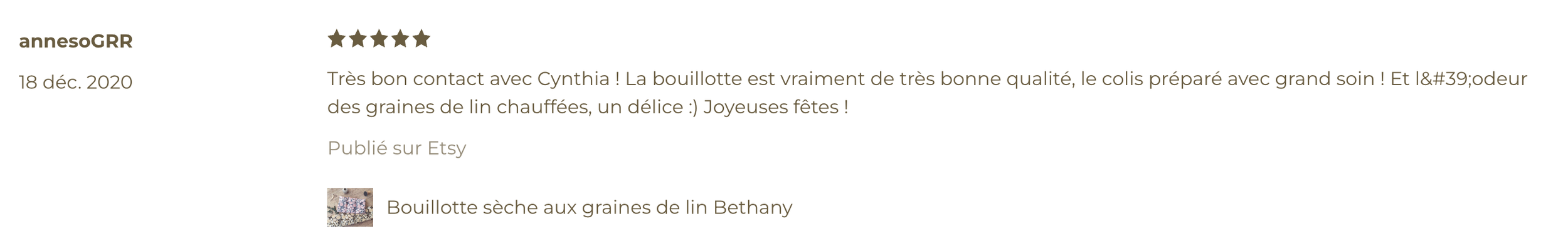 Avis positif sur un produit de bouillotte en graines de lin, publié sur Etsy, avec une note de 5 étoiles