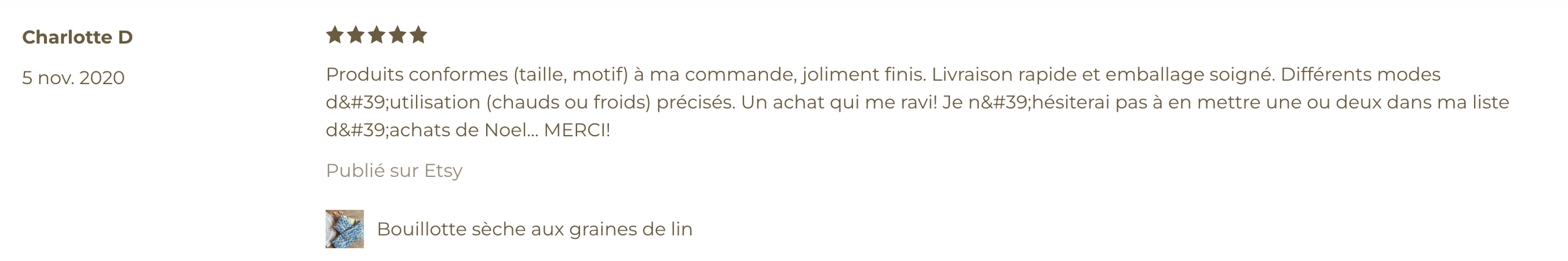 Capture d'écran d'une revue Etsy en français qui parle d'une commande, avec une image miniature d'une bouillotte sèche aux graines de lin.